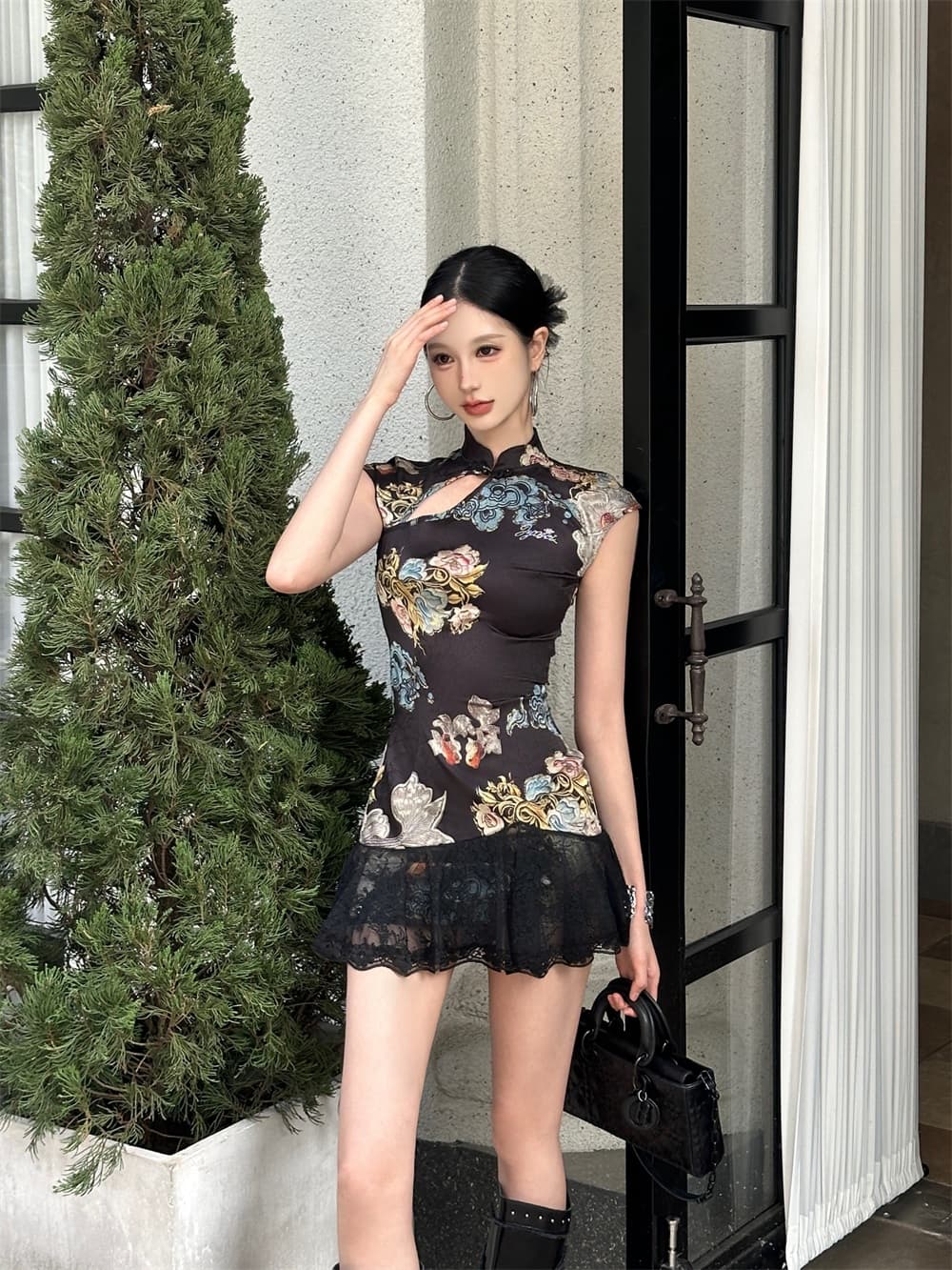 캐릭터 공물 클래식 무거운 작업 새로운 중식 핫걸 치파오 레이스 치마 홀로우 아웃 스트랩 여성 드레스 상세 이미지 12