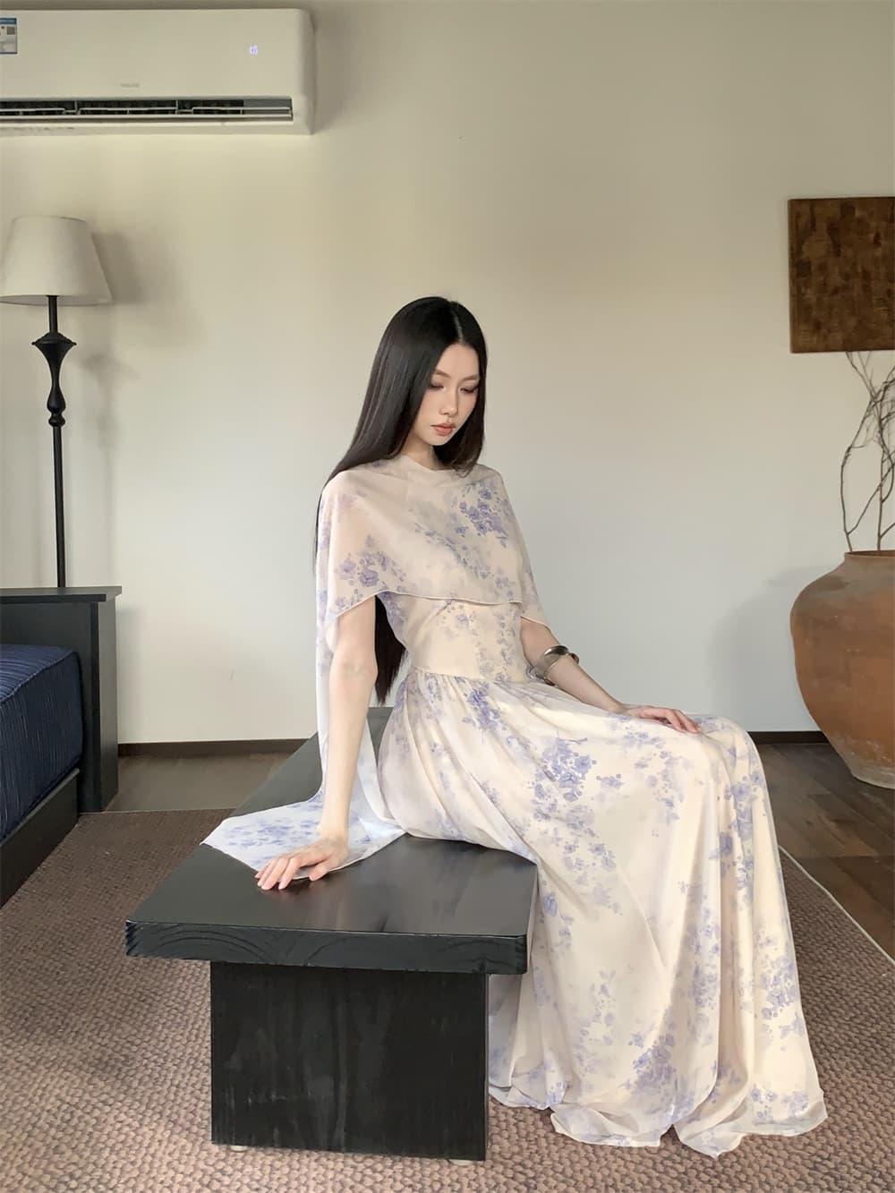 실 안개 파란색과 흰색 여성 드레스 새로운 중식 둘 착용 같이 갔다. 실 숄 품격 롱 스커트 디자인 센스 상세 이미지 9