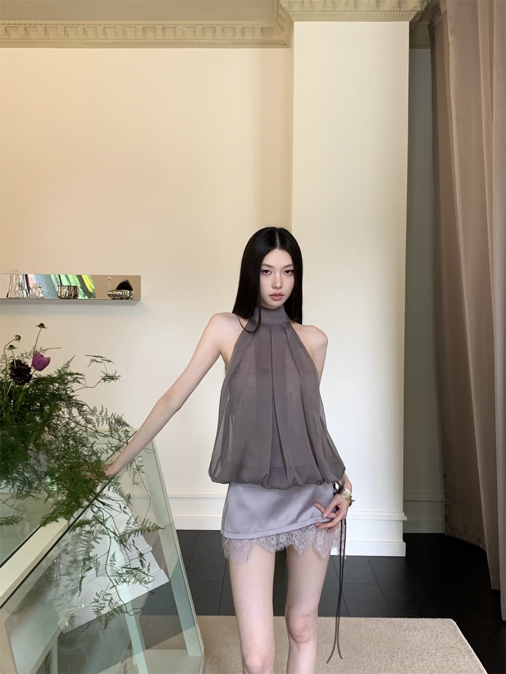 회색 보라색 쉬폰 레이스 민소매 행침 목 맨위 여성 몸매 가꾸기 리본 디자인 센스 마이크로 ~을 통해 티셔츠 상세 이미지 5