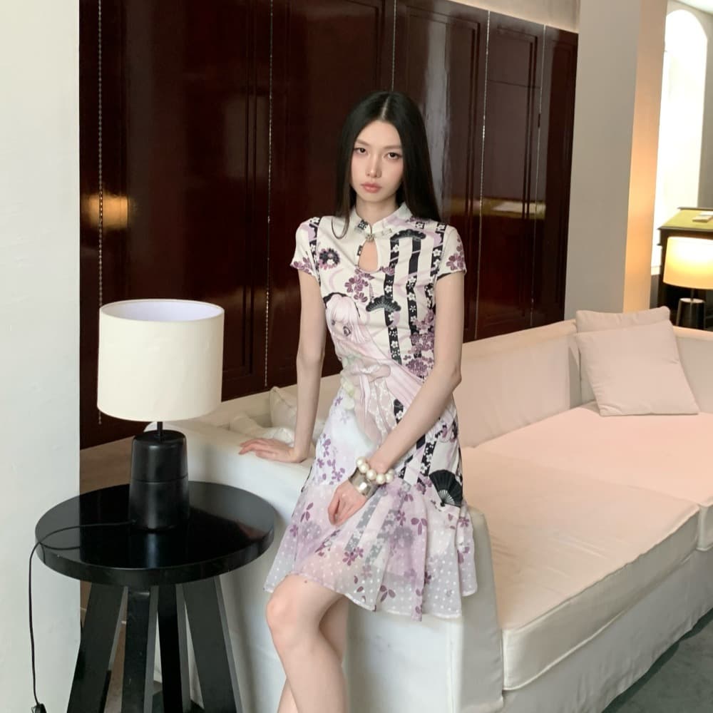 보라색 기분 소녀 레트로 무늬 프린트 치파오 칼라 패치워크 드레스 이미지 6