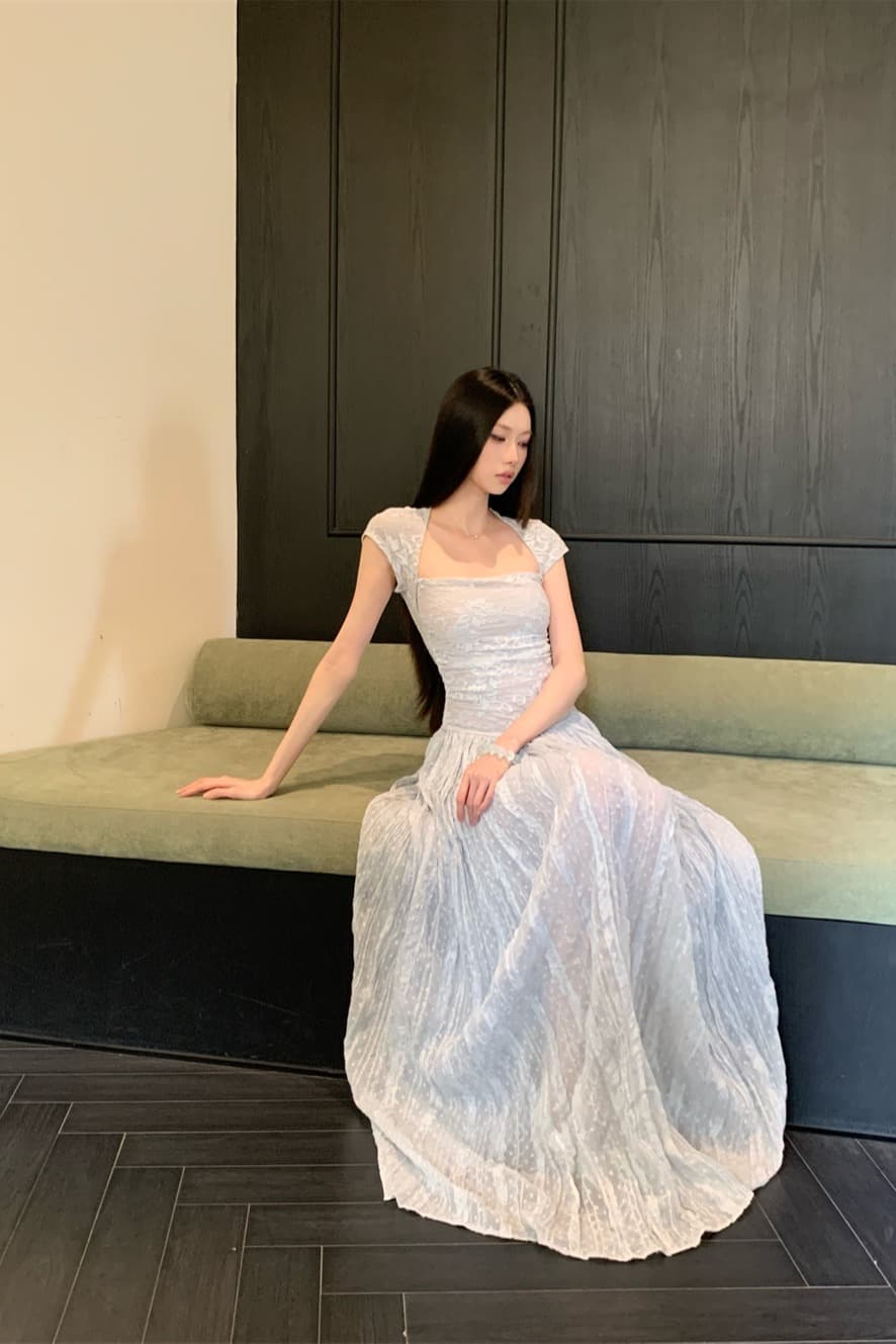 봄 여름 새로운 품격 광장 칼라 허리 수축 슬림해 보이는 패치워크 레이스 롱 코트 반팔 여성 드레스 이미지 7
