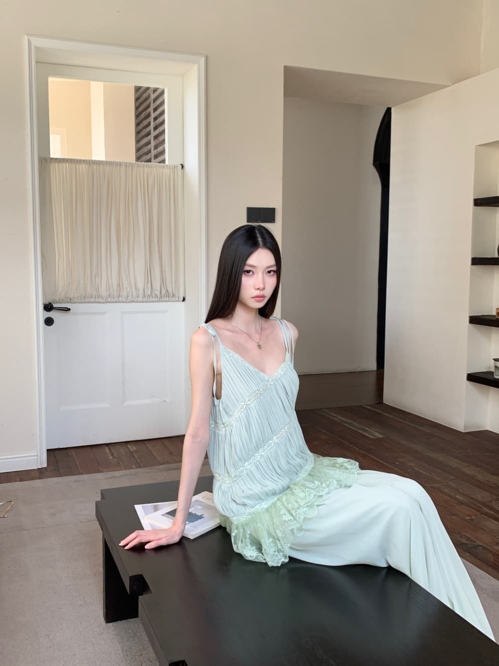 lienni2026 봄 여름 새로운 패치워크 레이스 쉬폰 톱 여성 하이웨이스트 슬림해 보이는 배기 바지 투피스 슈트 상세 이미지 19