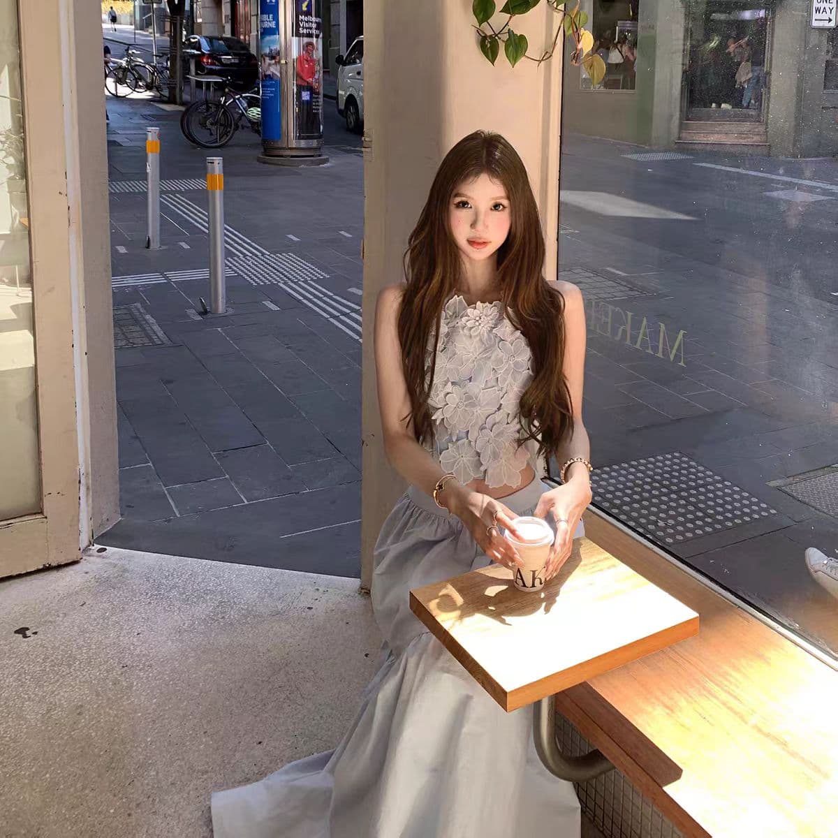 tongiiuu 아름다움 오는 무거운 작업 디자인 센스 자수 조끼 맨위 여성 한 마디 반신 롱 스커트 세트 여름 이미지 6