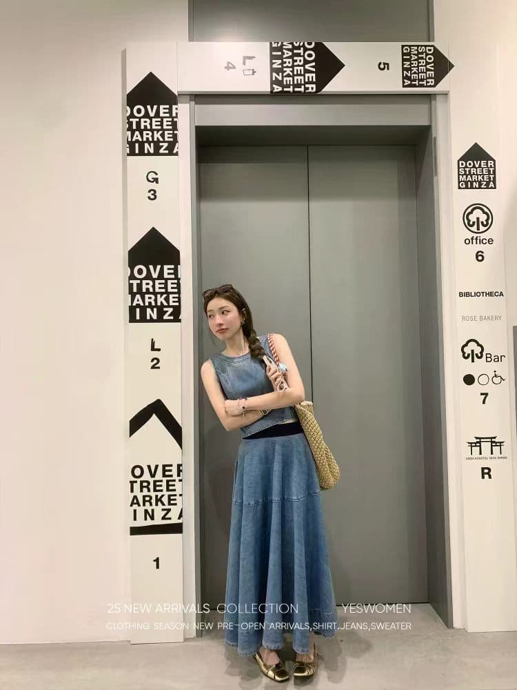 2026 후지산 데님 여름 새로운 조끼 우산 치마 치마 데님 세트 여성 투피스 세트 이미지 2