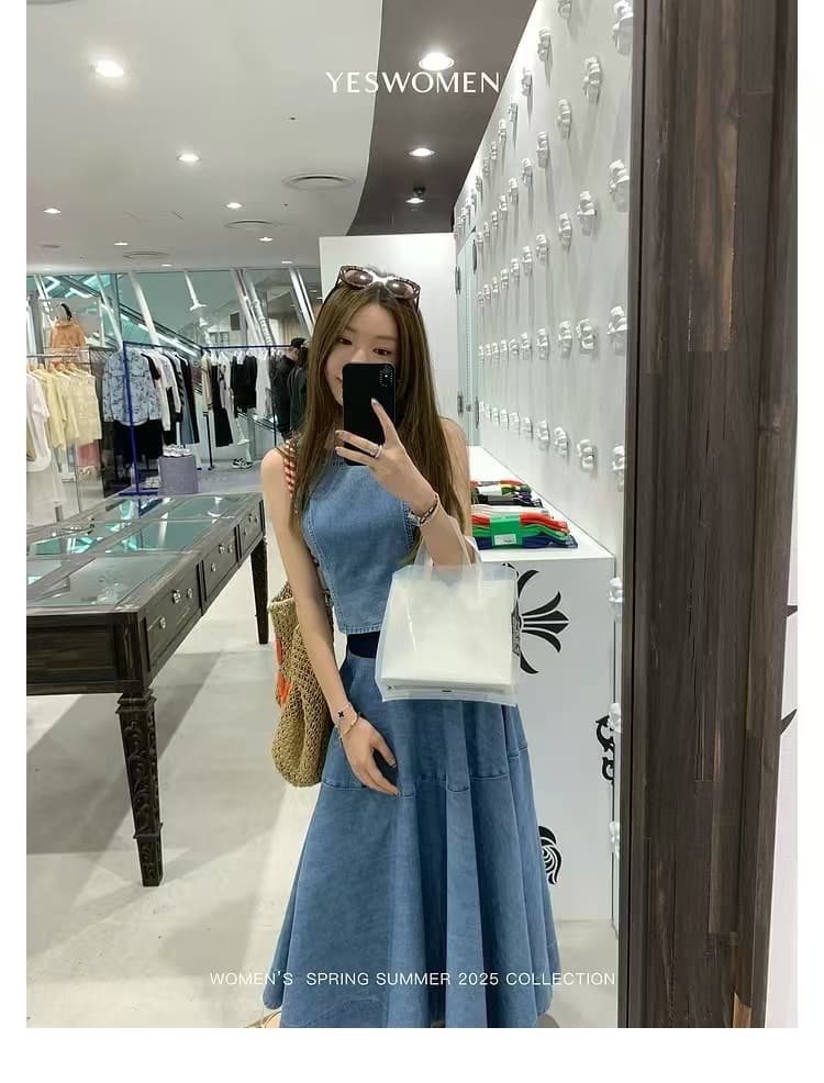 2026 후지산 데님 여름 새로운 조끼 우산 치마 치마 데님 세트 여성 투피스 세트 상세 이미지 1
