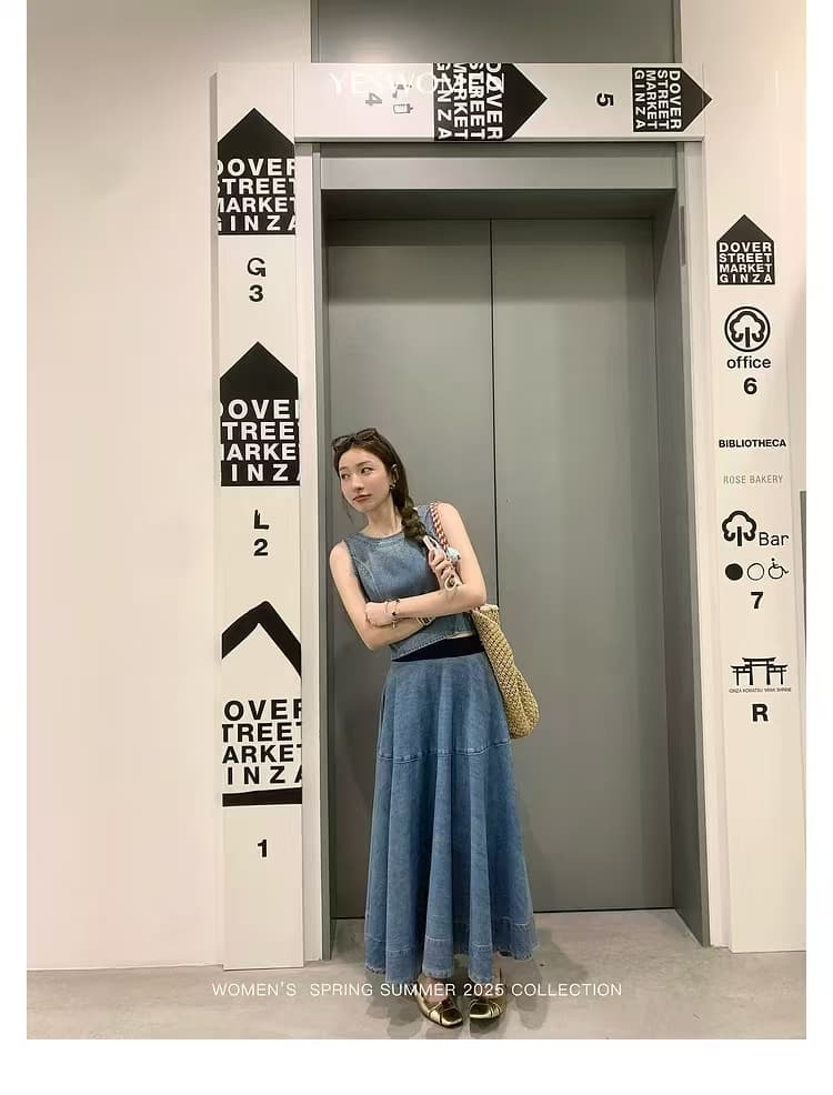 2026 후지산 데님 여름 새로운 조끼 우산 치마 치마 데님 세트 여성 투피스 세트 상세 이미지 4