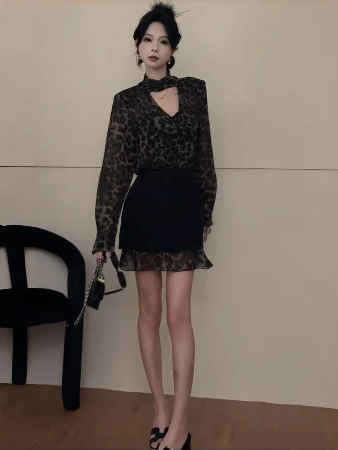 홍콩 느낌 레트로 섹시함 핫걸 레오파드 무늬 리본 긴팔 여성 셔츠 반신 스커트 고급 센스 품격 패션 세트 트렌디 상세 이미지 4