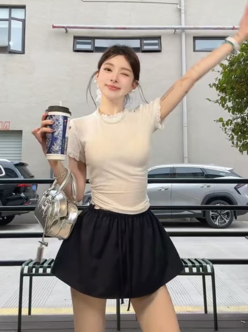 주간 달콤한 차 발레 바람 학원 스타일 꽃밭 치마 페이크 레이어드 허리밴드 반신 치마바지 레이스 조각 티셔츠 세트 이미지 3