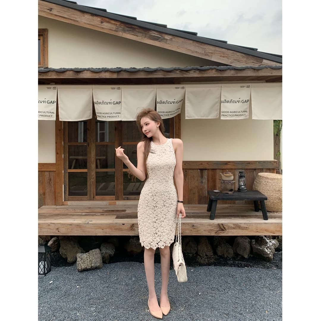 꽃 객실 주리예 줄려엽 여름 새로운 부드러운 품격 홀로우 아웃 레이스 민소매 쇼트 스타일 드레스 이미지 6