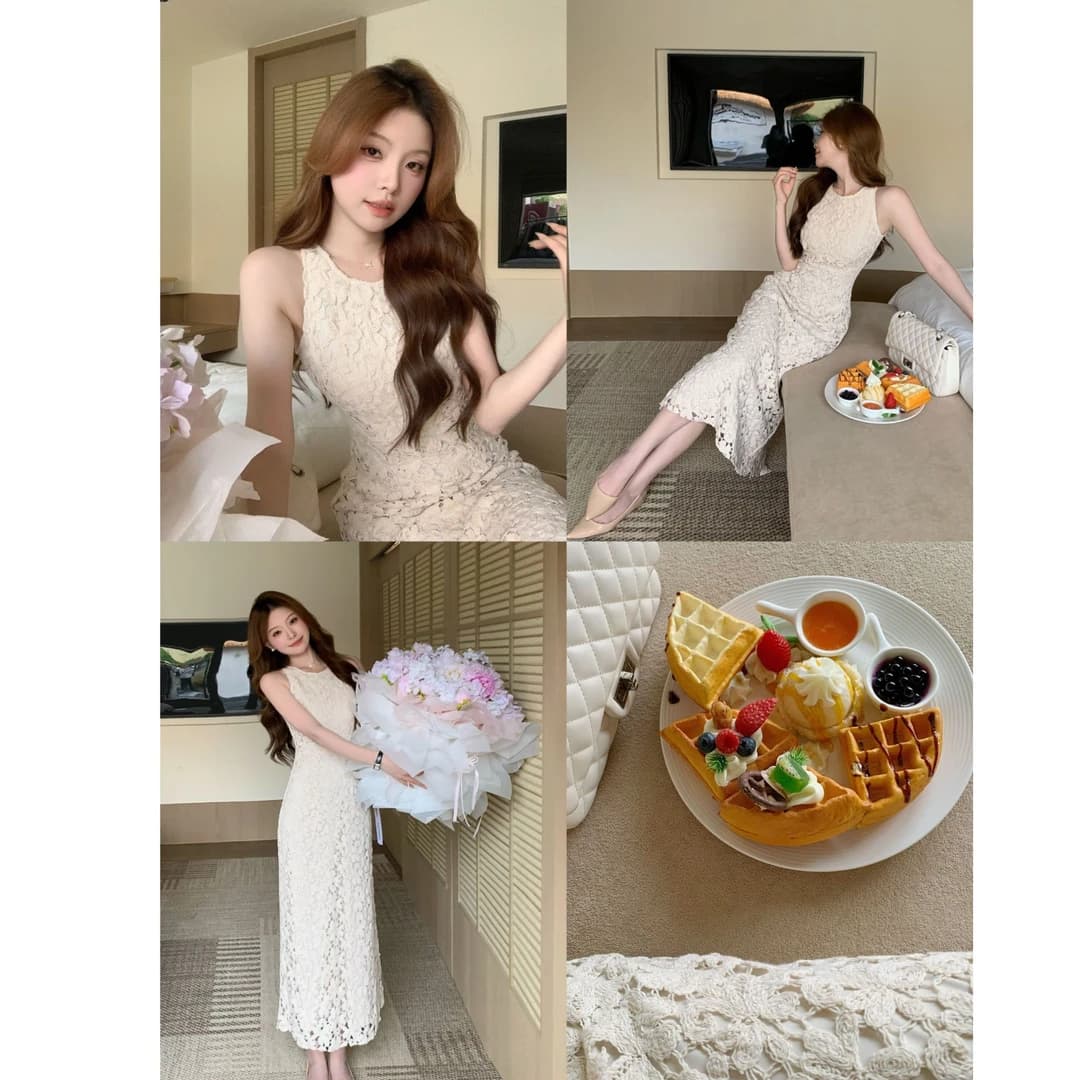 꽃 객실 주리예 줄려엽 여름 새로운 부드러운 품격 홀로우 아웃 레이스 민소매 쇼트 스타일 드레스 상세 이미지 5