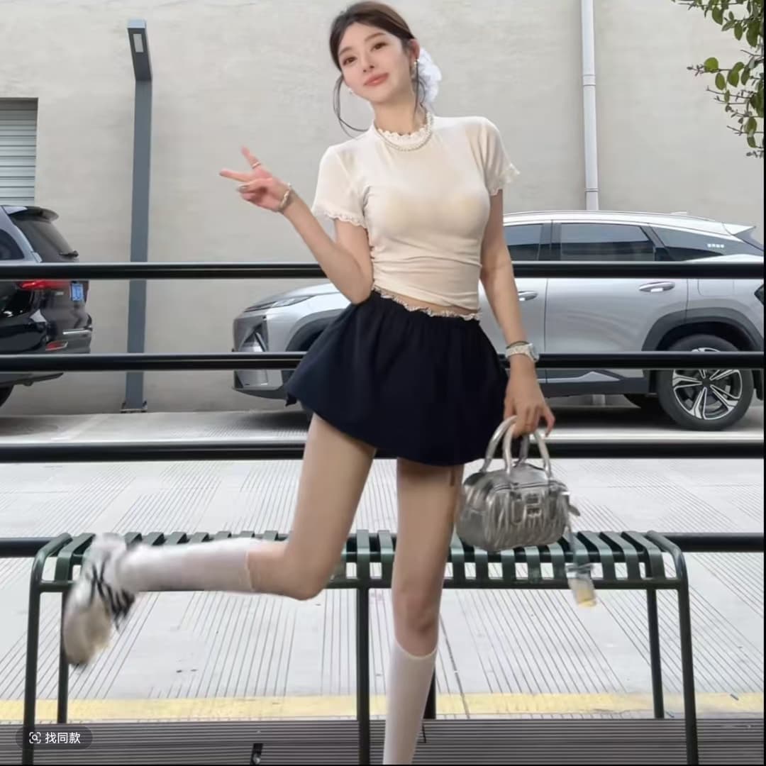 주간 달콤한 차 발레 바람 학원 스타일 꽃밭 치마 페이크 레이어드 허리밴드 반신 치마바지 레이스 조각 티셔츠 세트 상세 이미지 2
