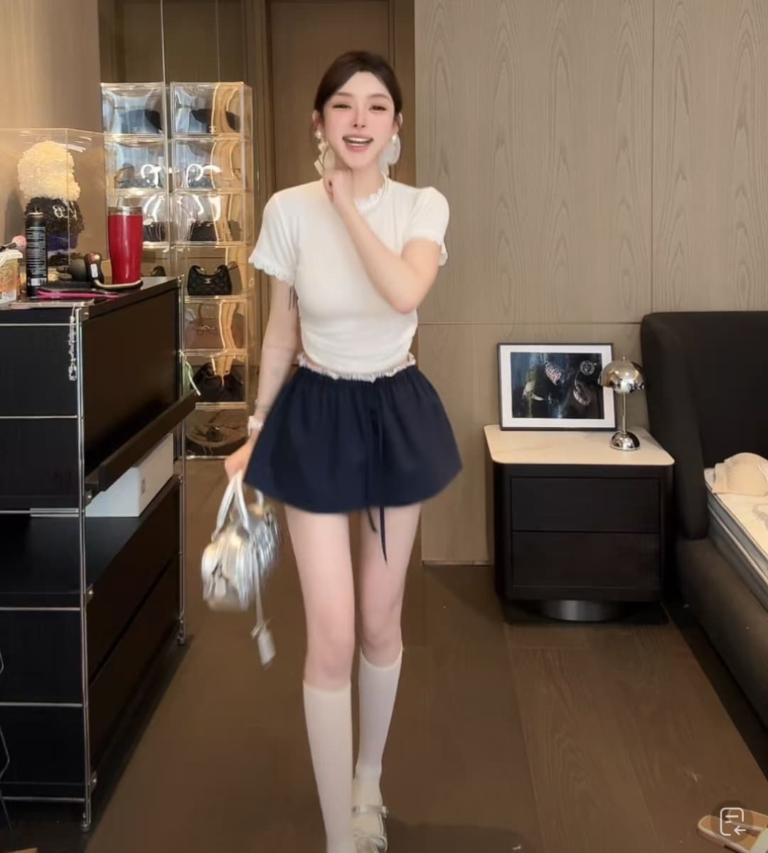 주간 달콤한 차 발레 바람 학원 스타일 꽃밭 치마 페이크 레이어드 허리밴드 반신 치마바지 레이스 조각 티셔츠 세트 상세 이미지 4