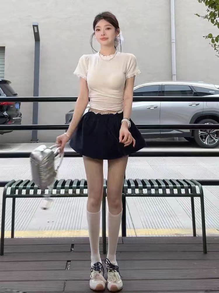 주간 달콤한 차 발레 바람 학원 스타일 꽃밭 치마 페이크 레이어드 허리밴드 반신 치마바지 레이스 조각 티셔츠 세트 상세 이미지 6