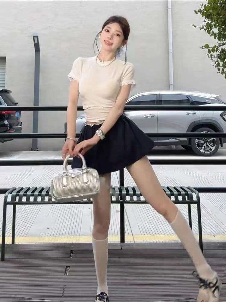 주간 달콤한 차 발레 바람 학원 스타일 꽃밭 치마 페이크 레이어드 허리밴드 반신 치마바지 레이스 조각 티셔츠 세트 상세 이미지 7