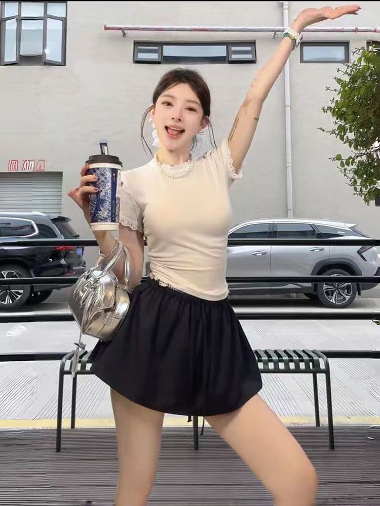 주간 달콤한 차 발레 바람 학원 스타일 꽃밭 치마 페이크 레이어드 허리밴드 반신 치마바지 레이스 조각 티셔츠 세트 상세 이미지 9