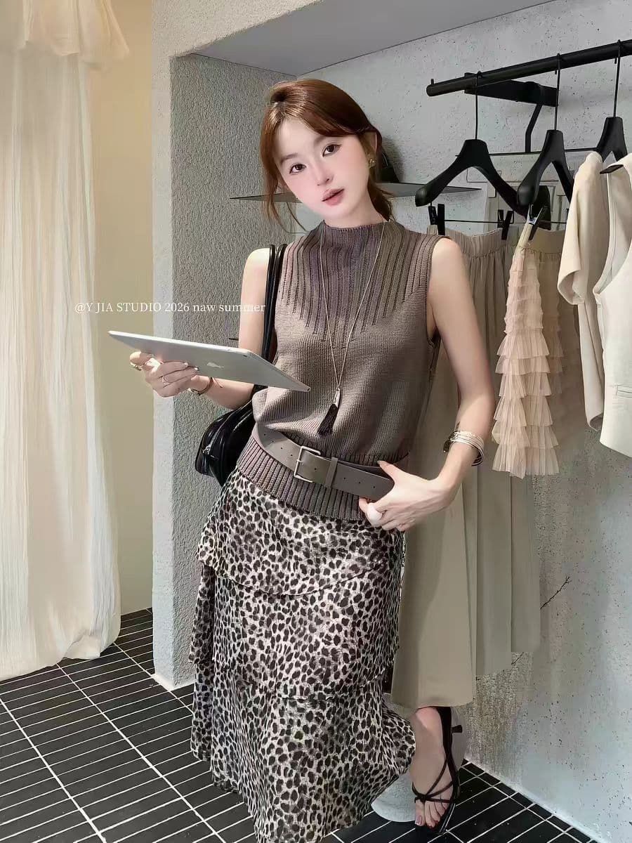 여름 민소매 티셔츠 작은 셔츠 레오파드 무늬 반신 치마 세트 세트 상세 이미지 10