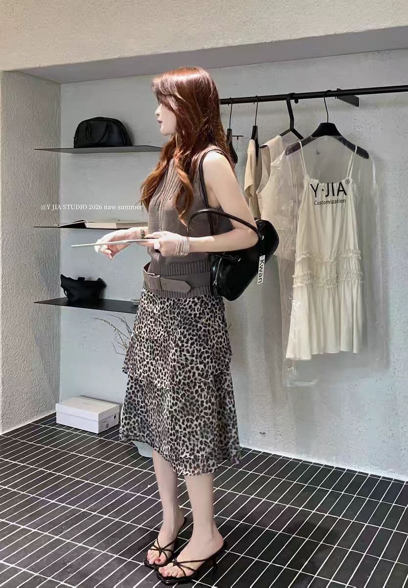 여름 민소매 티셔츠 작은 셔츠 레오파드 무늬 반신 치마 세트 세트 상세 이미지 12