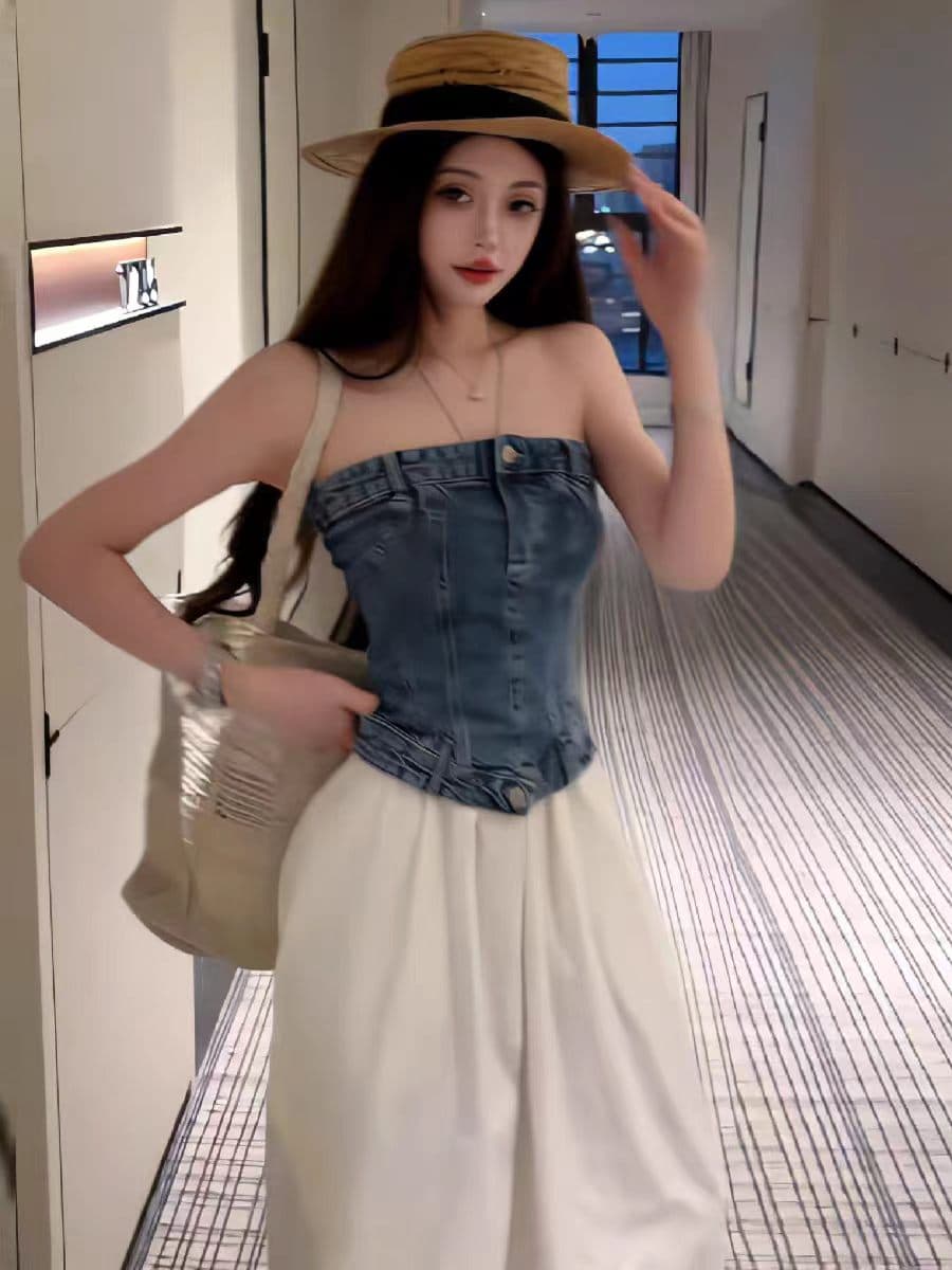 넓은 계속됨 핫걸 순수한 욕망 튜브탑 데님 캐미솔 여름 새로운 몸매 가꾸기 맨위 느긋한 캐주얼 바지 화이트 바지 상세 이미지 3