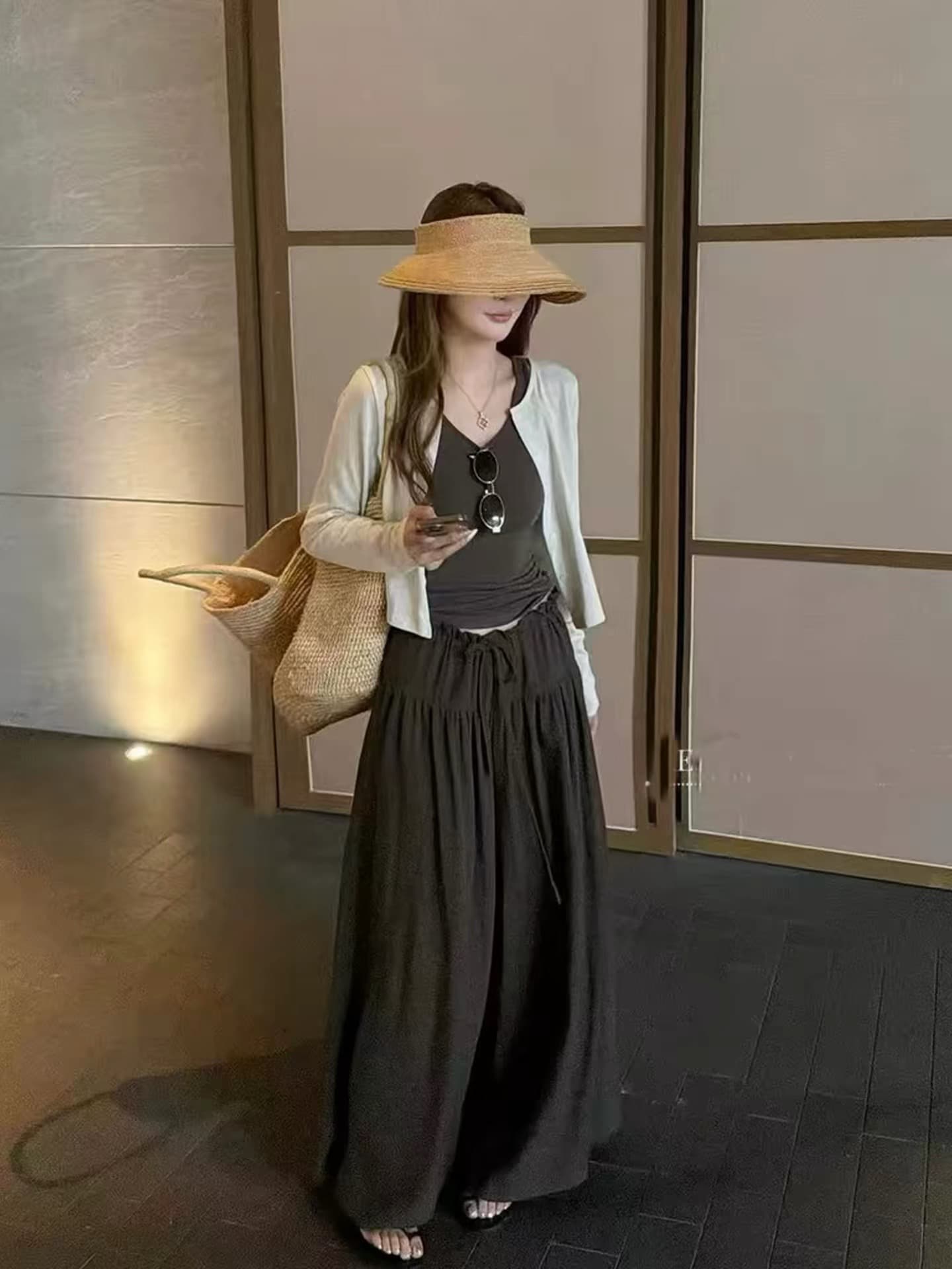느슨함 센스 캐미솔 스택 착용 자외선 차단 오픈 가디건 레이스업 와이드 레그 팬츠 세 조각 여성 세트 유럽 상품 2026 여름 새로운 이미지 4