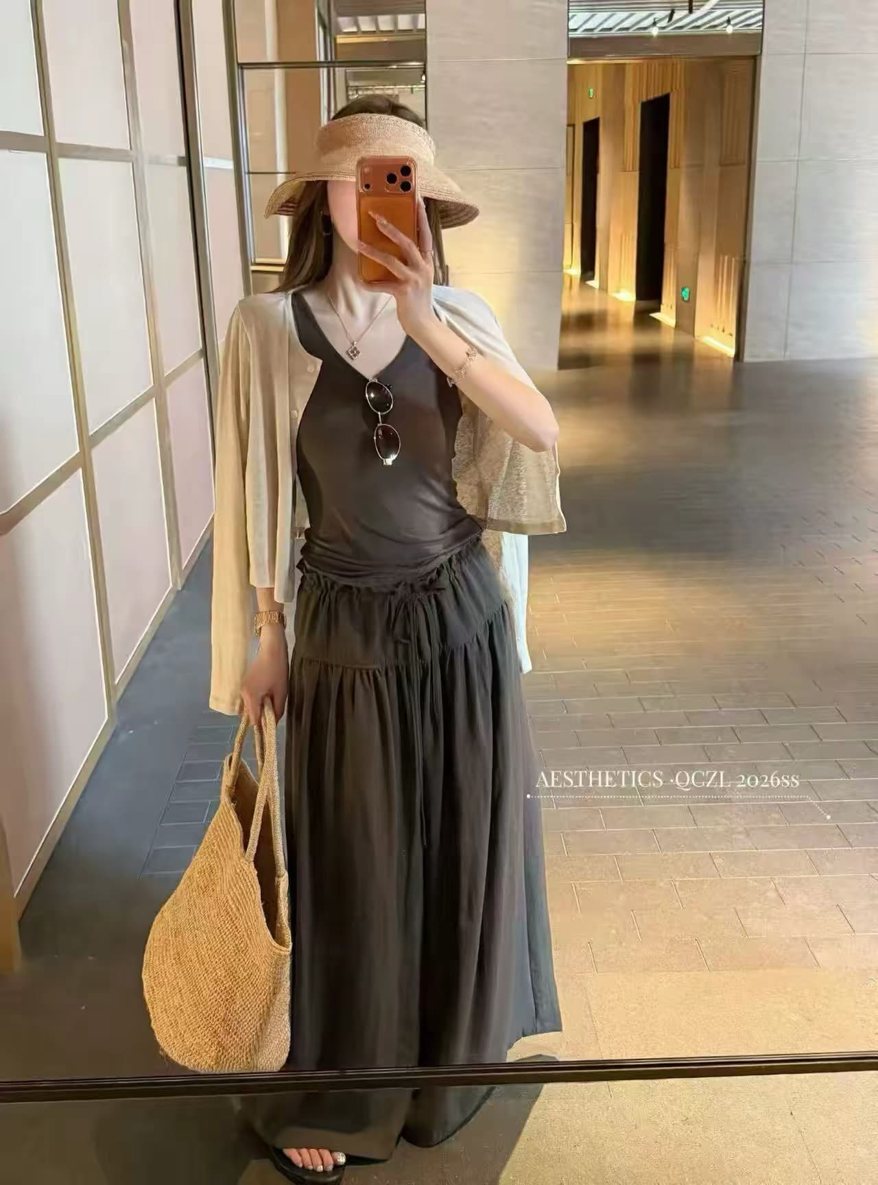 느슨함 센스 캐미솔 스택 착용 자외선 차단 오픈 가디건 레이스업 와이드 레그 팬츠 세 조각 여성 세트 유럽 상품 2026 여름 새로운 상세 이미지 2