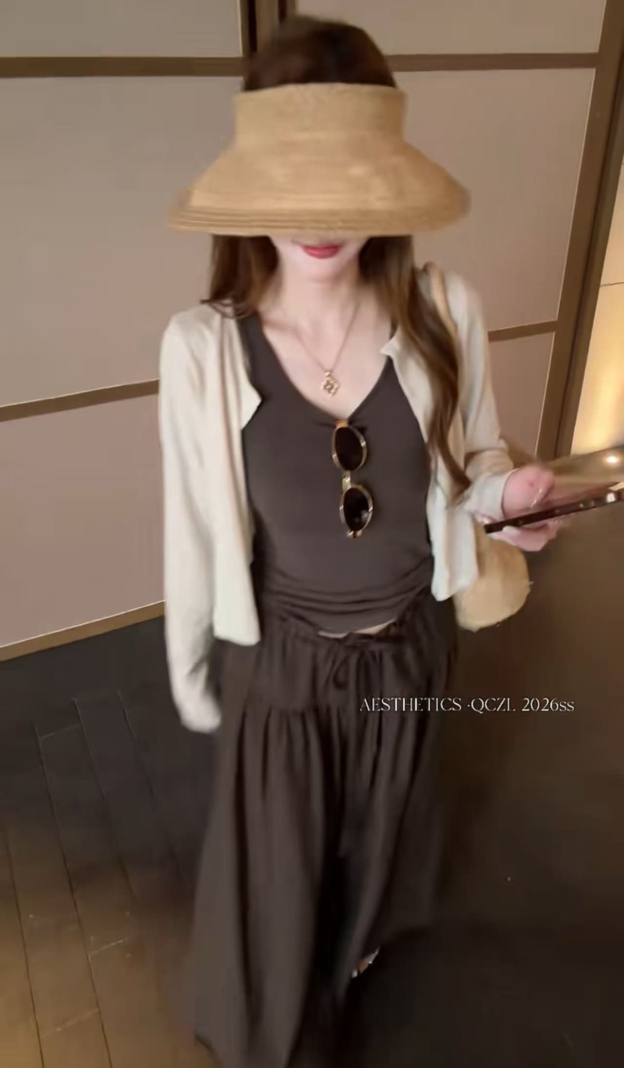느슨함 센스 캐미솔 스택 착용 자외선 차단 오픈 가디건 레이스업 와이드 레그 팬츠 세 조각 여성 세트 유럽 상품 2026 여름 새로운 이미지 3