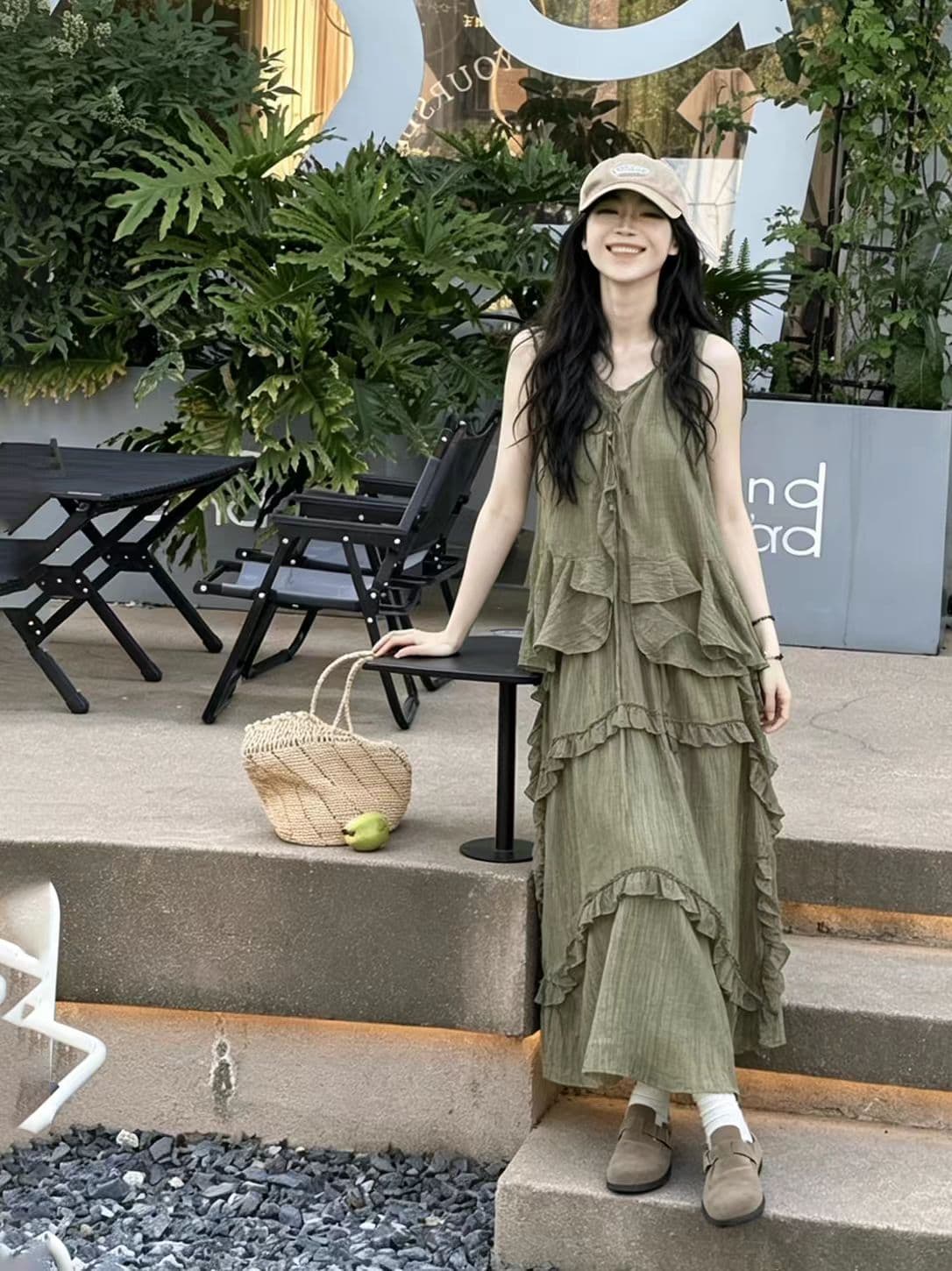 fe 한 물품 보여주기 섹션 모래 언덕 그것 꽃 헤일로 염색 예술 느긋한 디자인 센스 맨위 반 스커트 세트 이미지 4