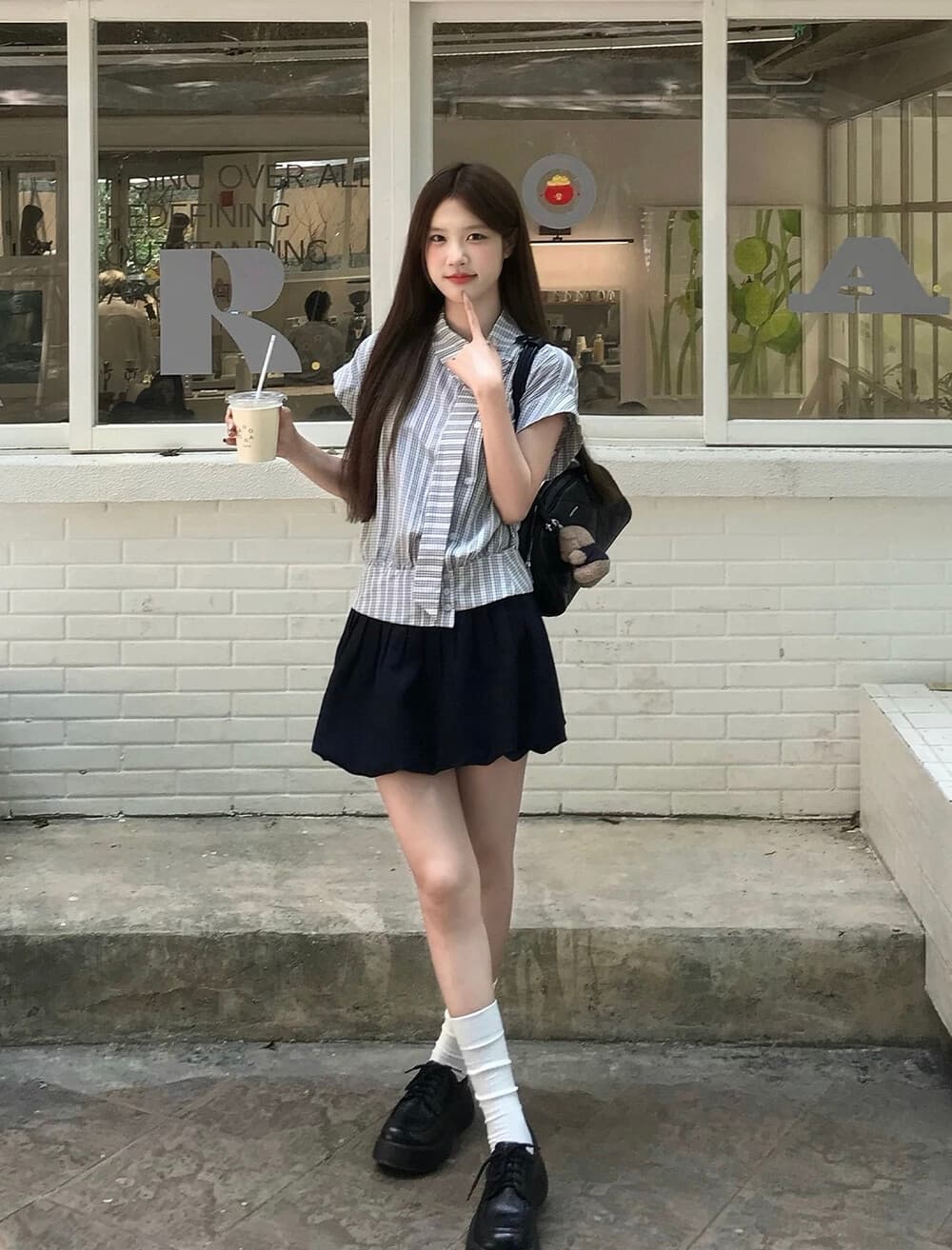 2026 학원 스타일 한 부서 몸매 가꾸기 슬림해 보이는 체크무늬 리본 작은 날다 소매 셔츠 반 스커트 투피스 슈트 상세 이미지 11
