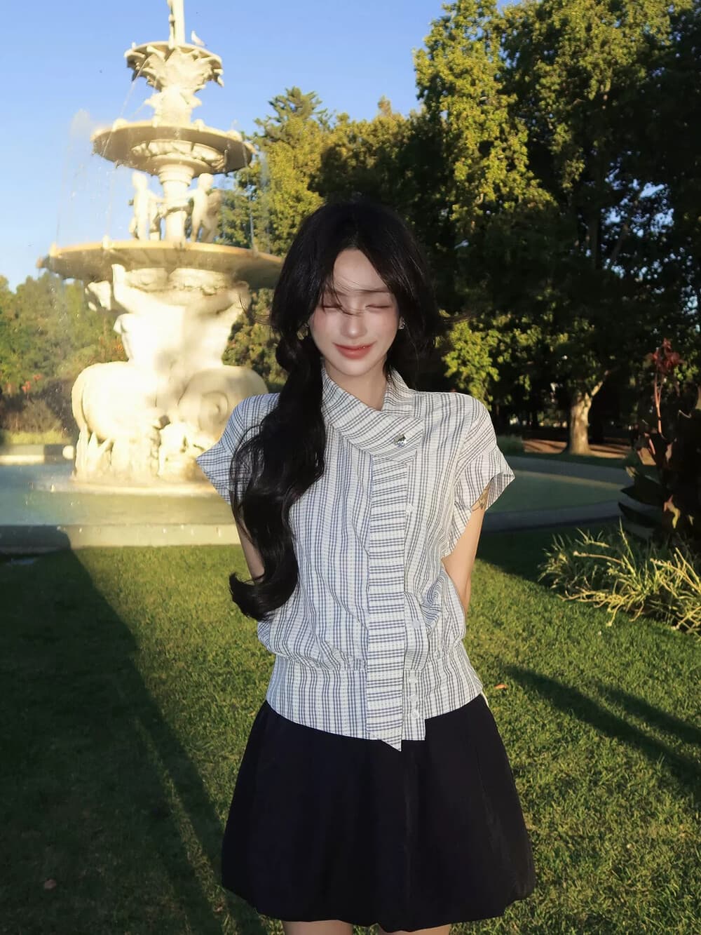 2026 학원 스타일 한 부서 몸매 가꾸기 슬림해 보이는 체크무늬 리본 작은 날다 소매 셔츠 반 스커트 투피스 슈트 상세 이미지 13