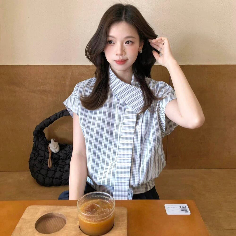 2026 학원 스타일 한 부서 몸매 가꾸기 슬림해 보이는 체크무늬 리본 작은 날다 소매 셔츠 반 스커트 투피스 슈트 이미지 6