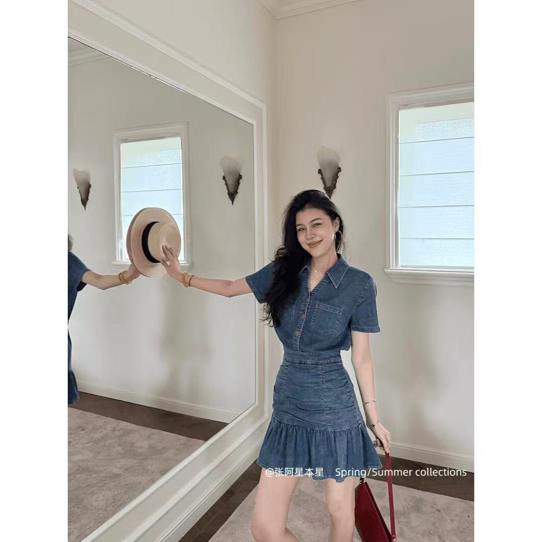데님 그것 여름 상쾌 와 성별 품격 주름 꼬집기 허리 슬림해 보이는 프릴 데님 드레스 이미지 3