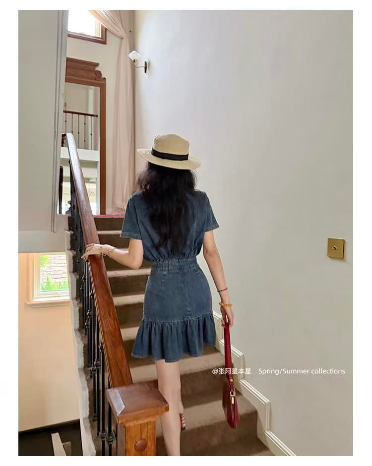 데님 그것 여름 상쾌 와 성별 품격 주름 꼬집기 허리 슬림해 보이는 프릴 데님 드레스 상세 이미지 8