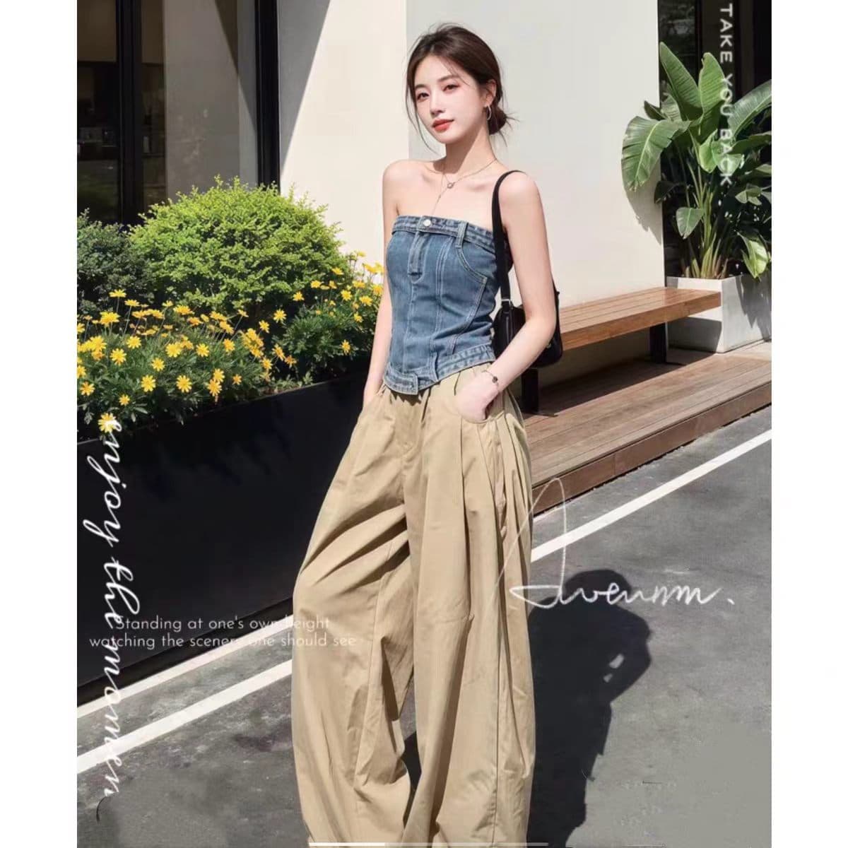 핫걸 데님 튜브탑 조끼 여성 작은 대중 몸매 가꾸기 섹시함 달콤한 매운맛 바람 포장 가슴 맨위 워크웨어 팬츠 상세 이미지 2