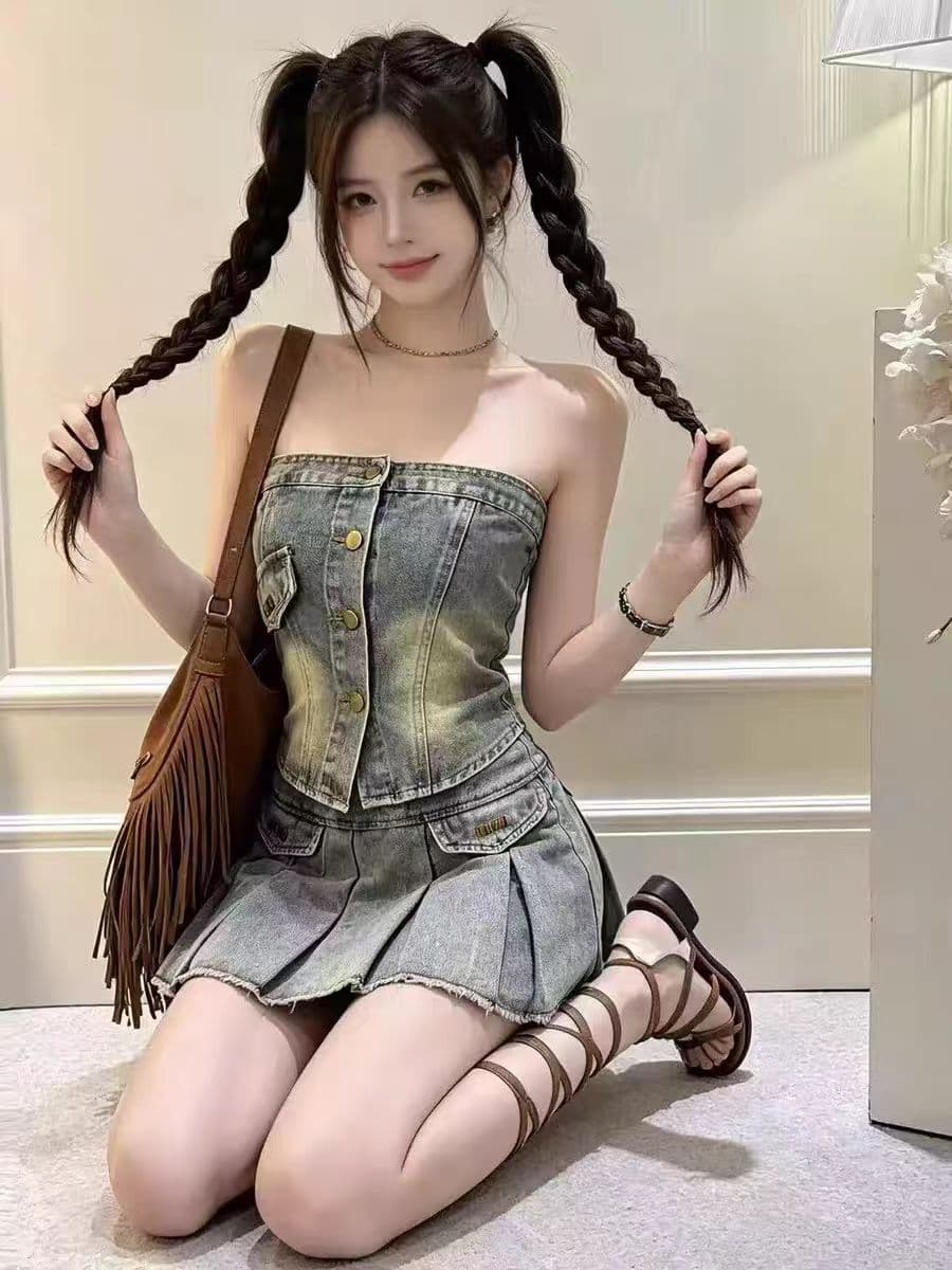 핫걸 레트로 데님 미니 스커트 세트 여성 로얄 자매 순수한 욕망 섹시함 품격 슬림해 보이는 튜브탑 하이웨이스트 플리츠 스커트 세트 이미지 4