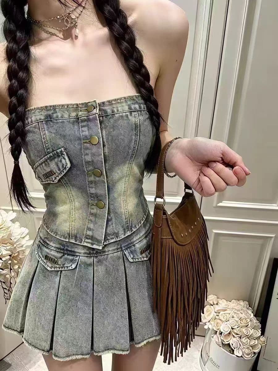 핫걸 레트로 데님 미니 스커트 세트 여성 로얄 자매 순수한 욕망 섹시함 품격 슬림해 보이는 튜브탑 하이웨이스트 플리츠 스커트 세트 상세 이미지 4