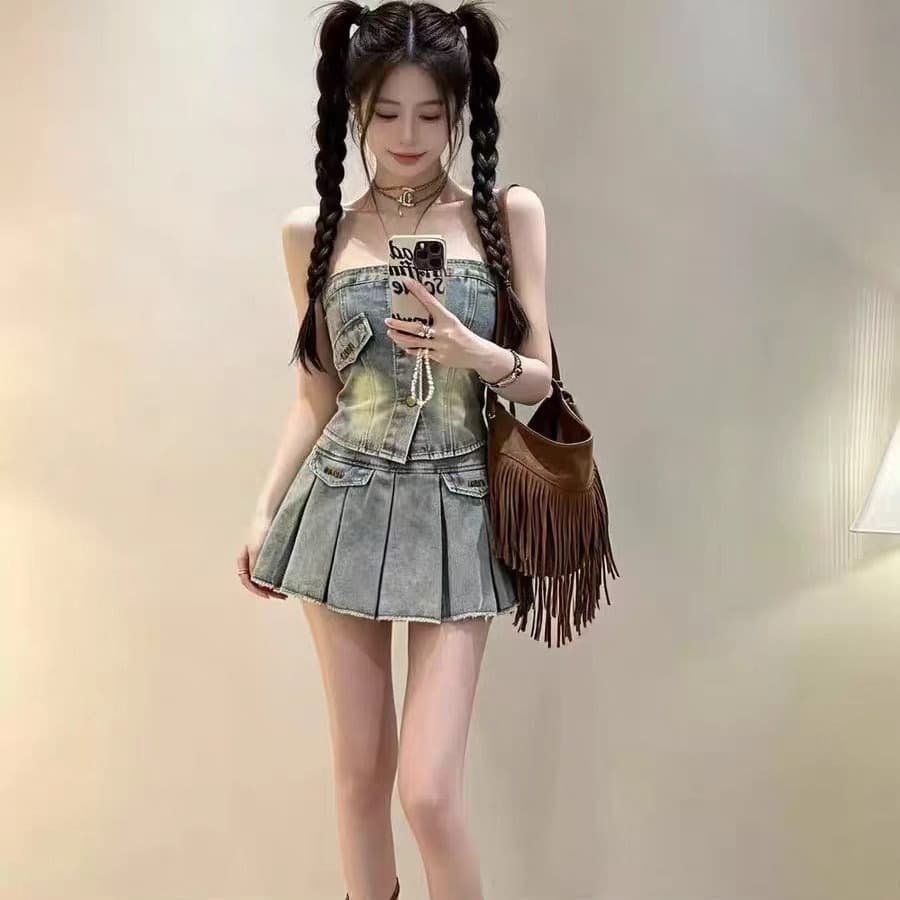 핫걸 레트로 데님 미니 스커트 세트 여성 로얄 자매 순수한 욕망 섹시함 품격 슬림해 보이는 튜브탑 하이웨이스트 플리츠 스커트 세트 이미지 5