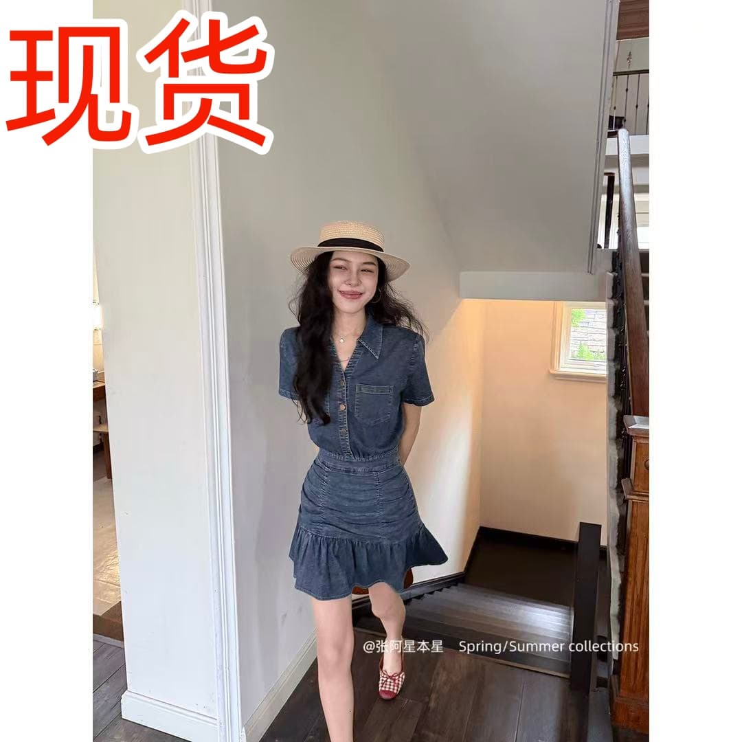 데님 그것 여름 상쾌 와 성별 품격 주름 꼬집기 허리 슬림해 보이는 프릴 데님 드레스 이미지 2