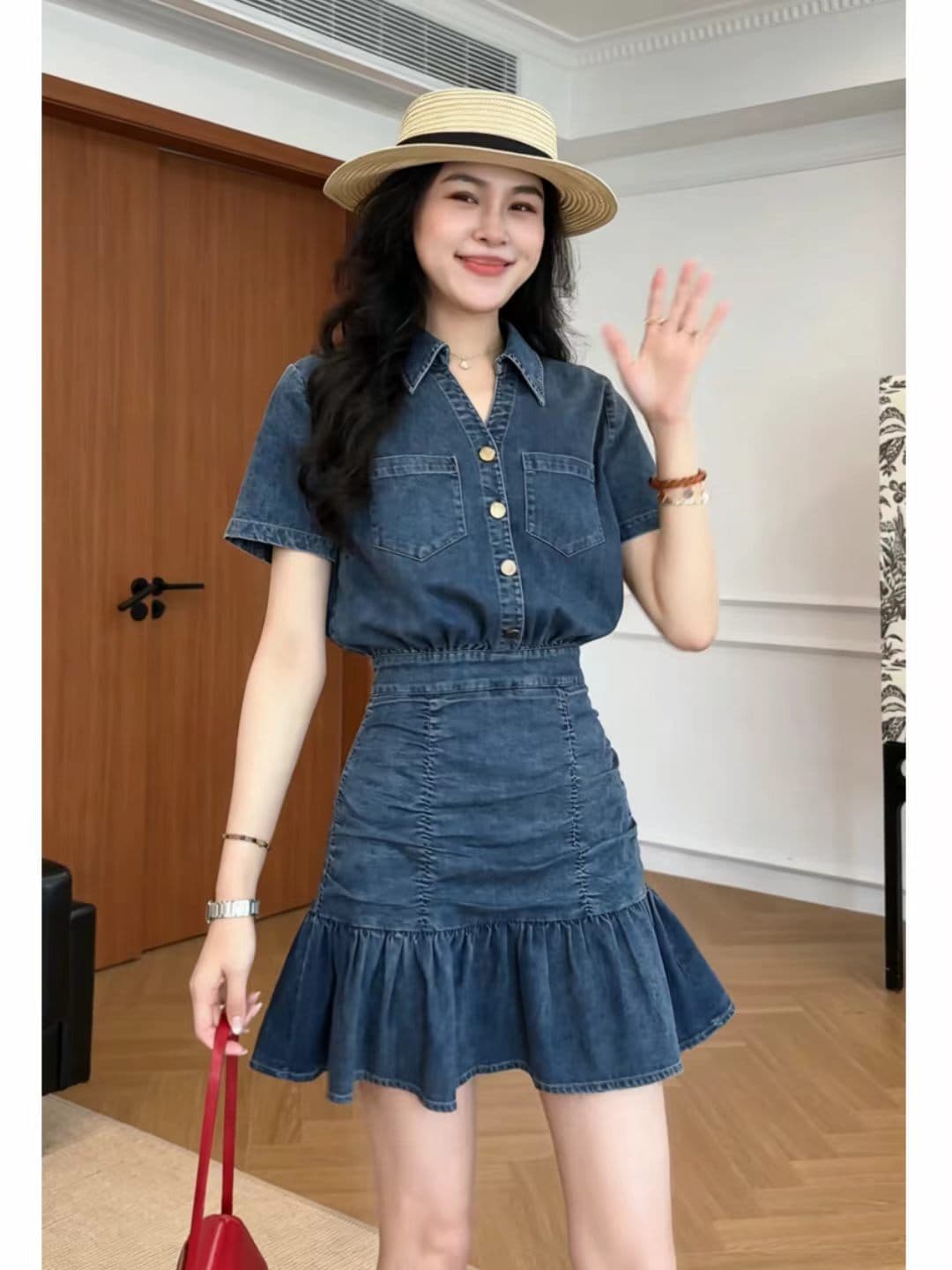 데님 그것 여름 상쾌 와 성별 품격 주름 꼬집기 허리 슬림해 보이는 프릴 데님 드레스 상세 이미지 2