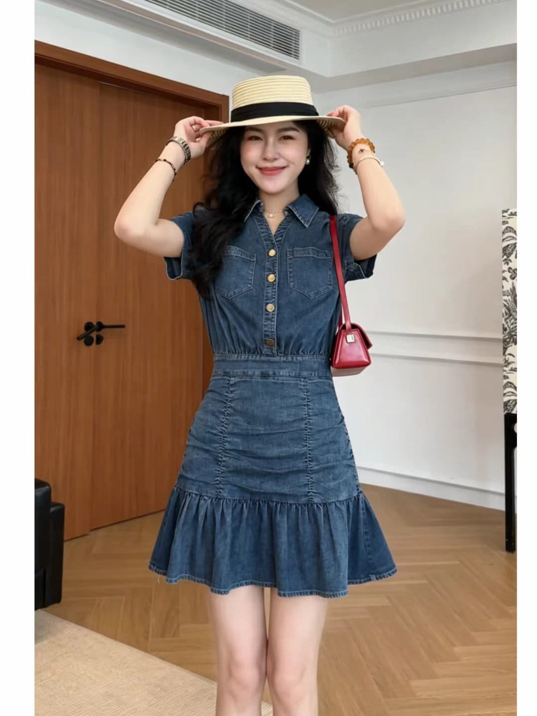 데님 그것 여름 상쾌 와 성별 품격 주름 꼬집기 허리 슬림해 보이는 프릴 데님 드레스 상세 이미지 3