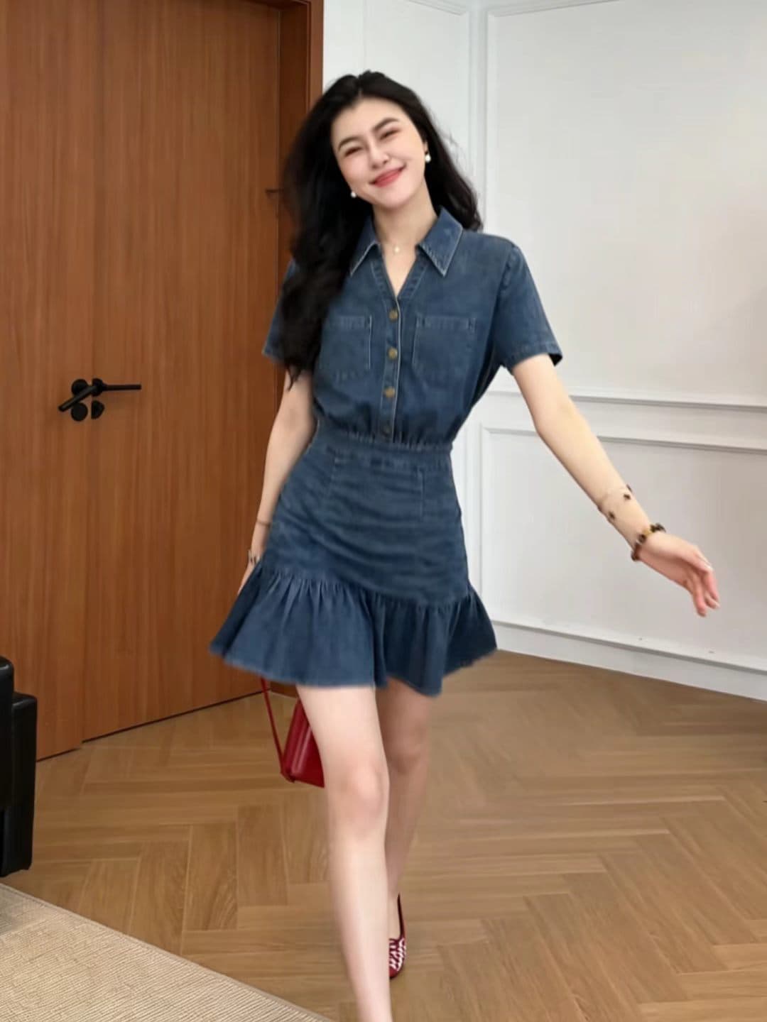 데님 그것 여름 상쾌 와 성별 품격 주름 꼬집기 허리 슬림해 보이는 프릴 데님 드레스 상세 이미지 4
