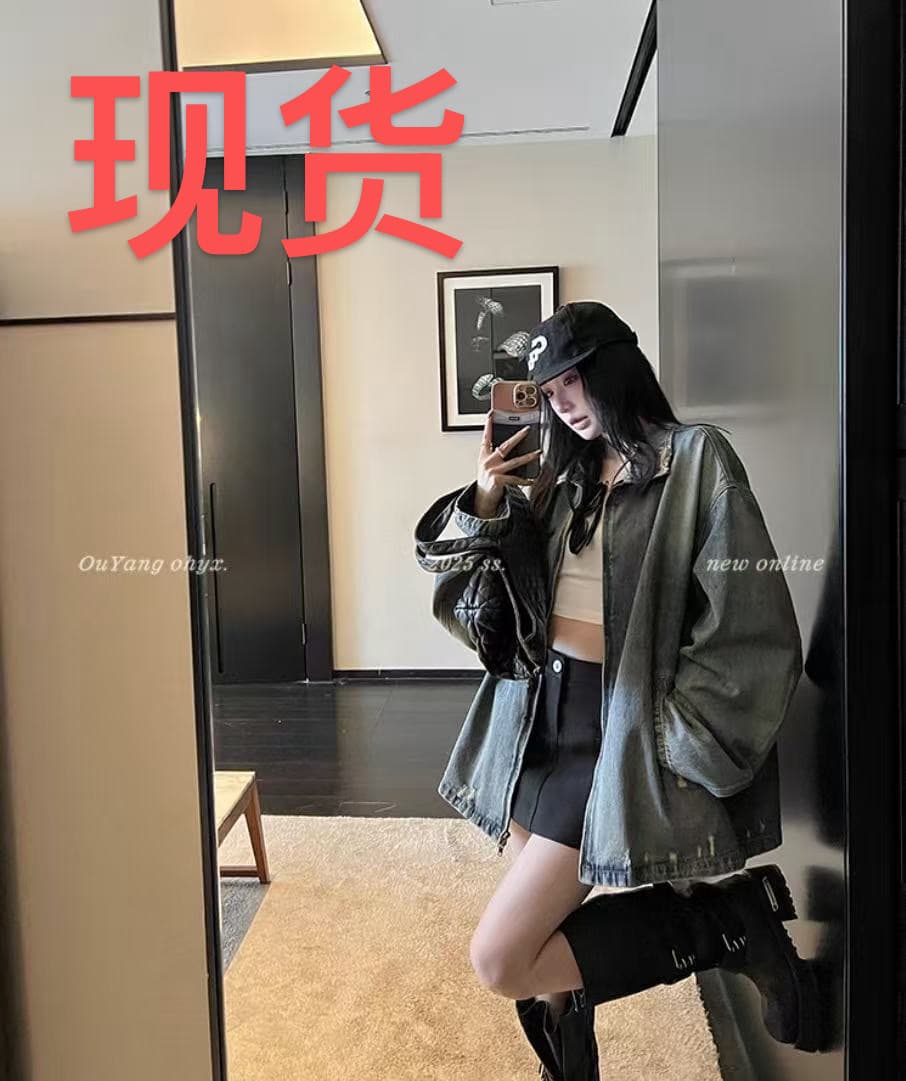 마 오래된 찢어진 데님 여성 코트 봄 새로운 캐주얼 루즈핏 아메리칸 레트로 재킷 맨위 이미지 2