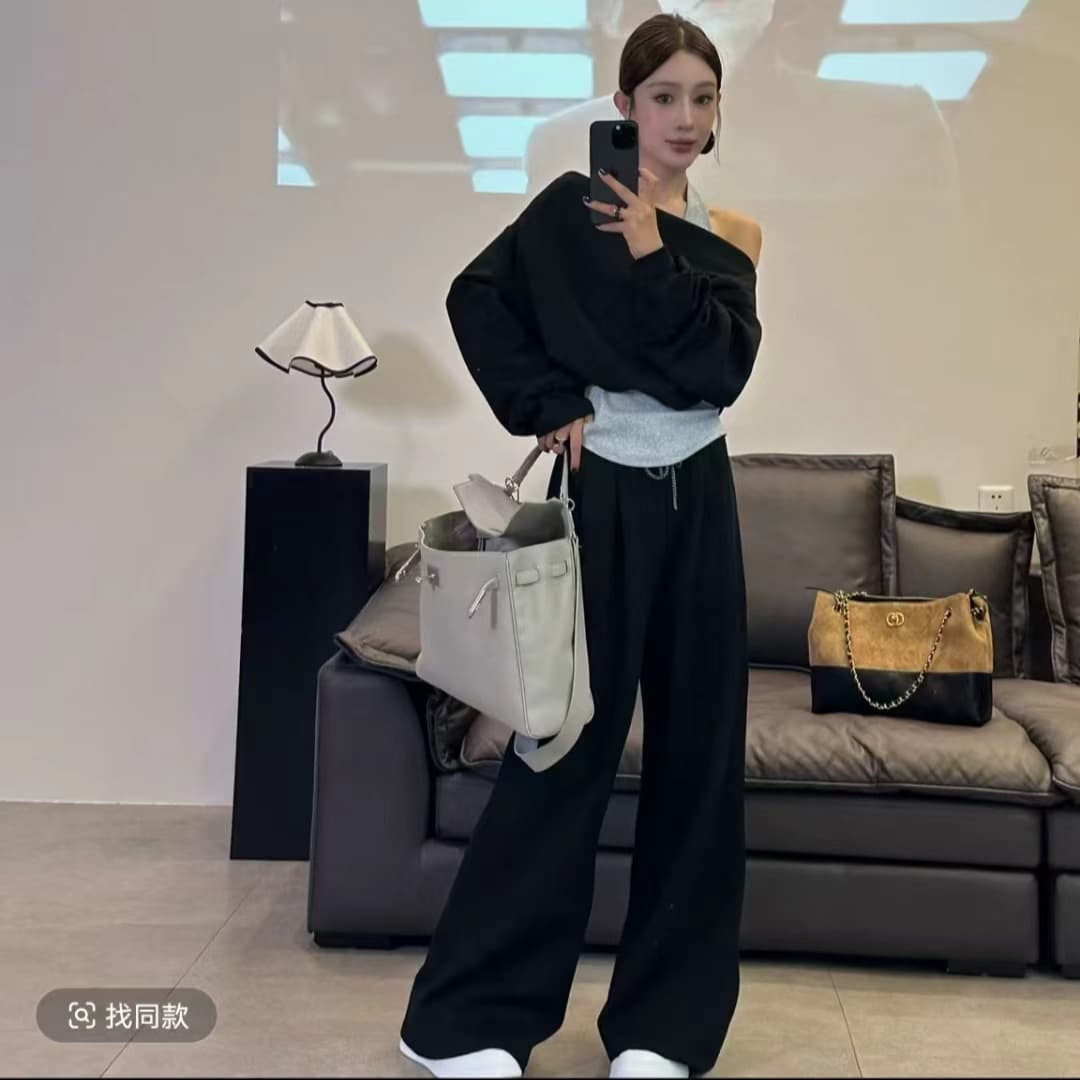 패션 외국 가스 스포츠 슈트 가을 행침 목 한 단어 오프숄더 후드티 와이드 레그 팬츠 캐주얼 슬림해 보이는 투피스 세트 이미지 4