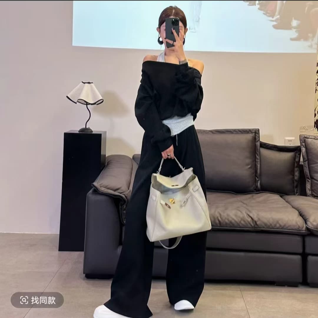 패션 외국 가스 스포츠 슈트 가을 행침 목 한 단어 오프숄더 후드티 와이드 레그 팬츠 캐주얼 슬림해 보이는 투피스 세트 상세 이미지 2