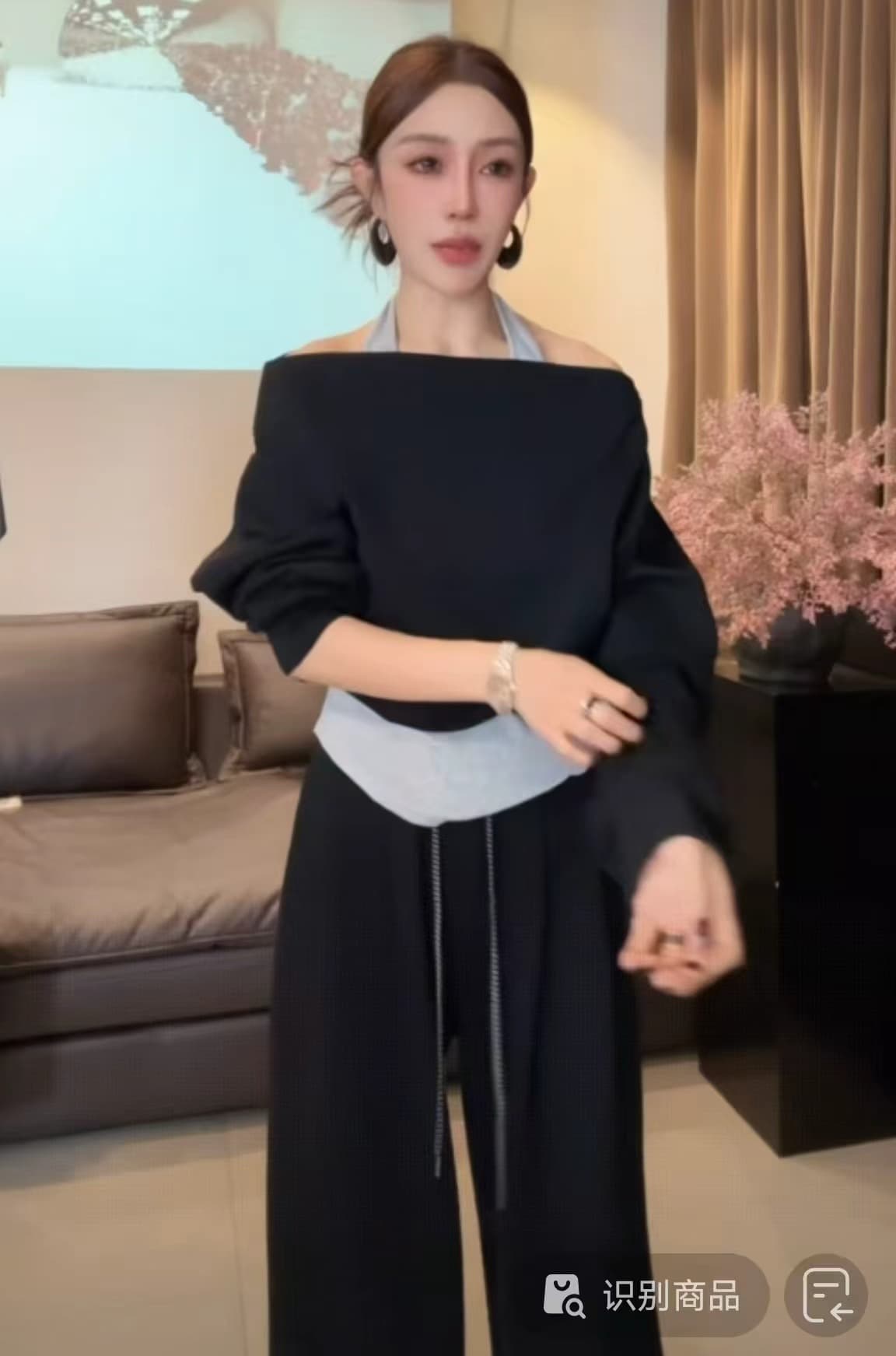 패션 외국 가스 스포츠 슈트 가을 행침 목 한 단어 오프숄더 후드티 와이드 레그 팬츠 캐주얼 슬림해 보이는 투피스 세트 상세 이미지 4