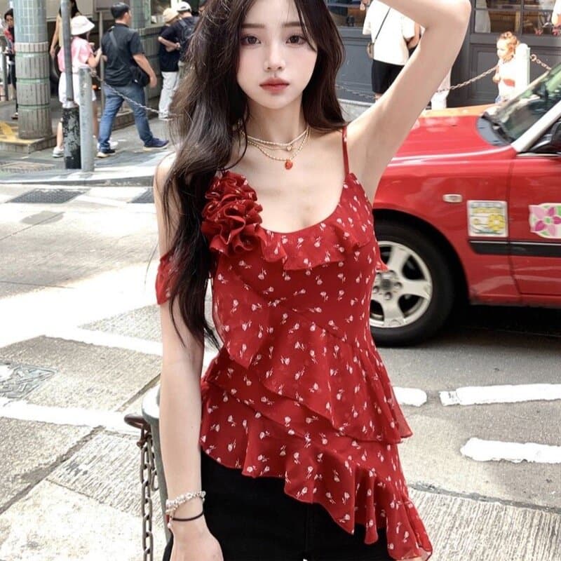 순수한 욕망 바람 고급 센스 품격 불규칙 프릴 핫걸 꽃무늬 슬립 맨위 여성 봄 여름 2026 새로운 이미지 3