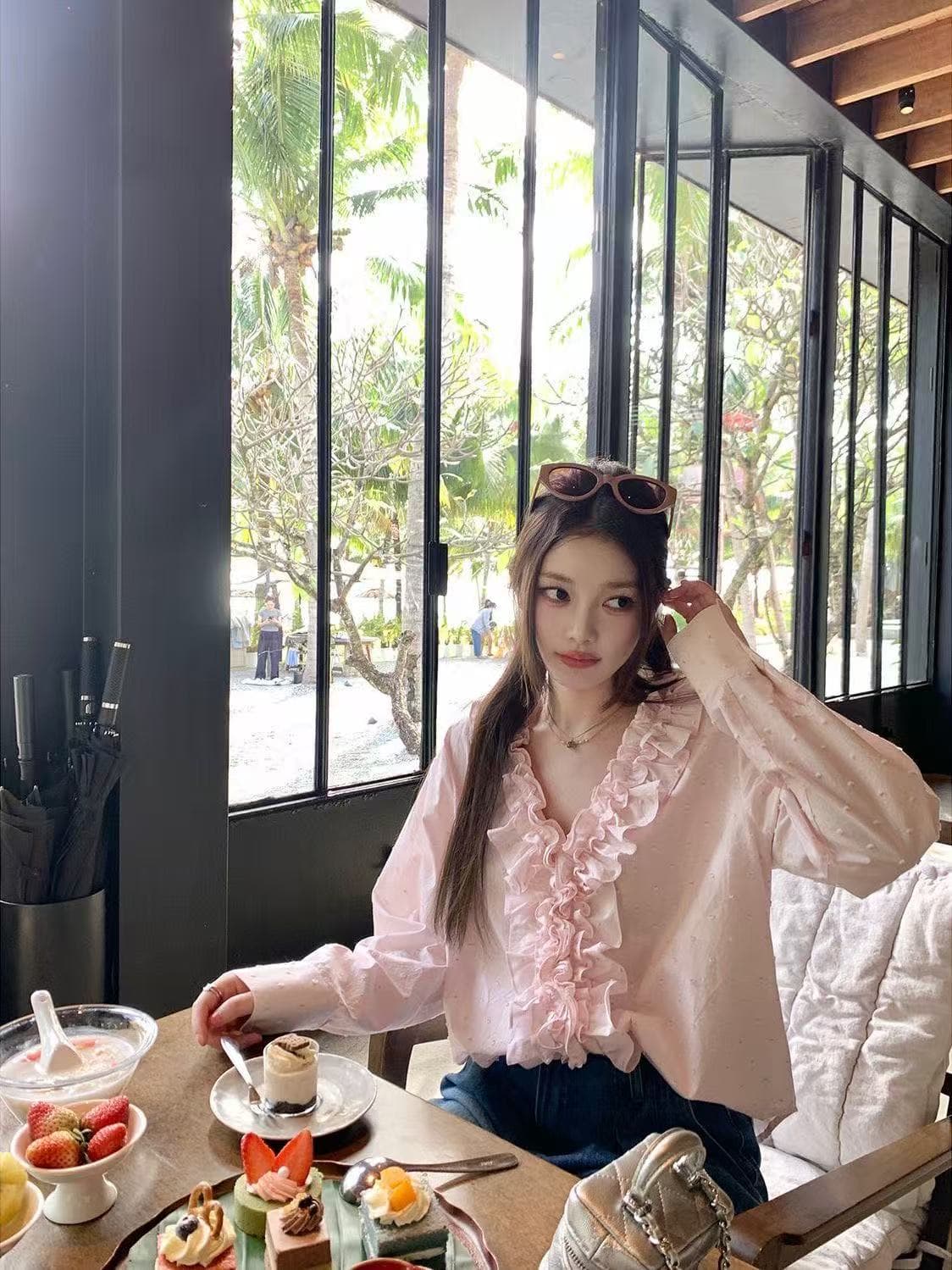 2026 봄 가을 슈퍼 잘 생긴 고유 한 아름다운 품격 차 인사이드 차 가스 Chic 아름다운 맨위 긴팔 핑크색 여성 셔츠