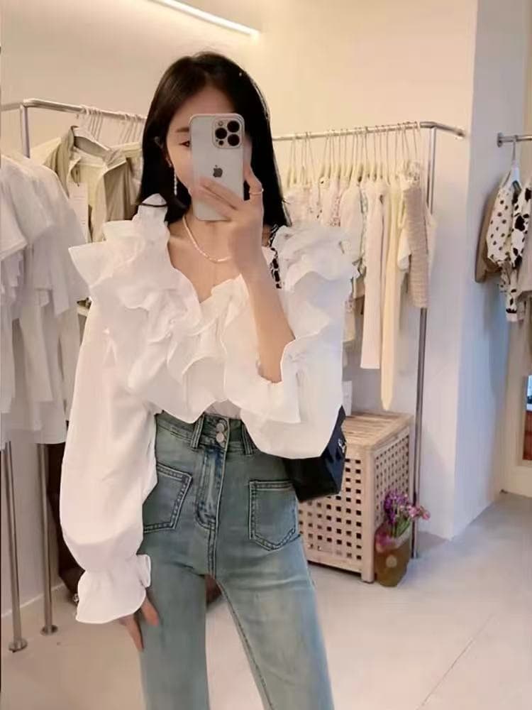 루즈핏 프릴 나팔 소매 여성 셔츠 2026 년 가을 새로운 디자인 센스 캐주얼 품격 다용도 맨위 트렌디 이미지 4