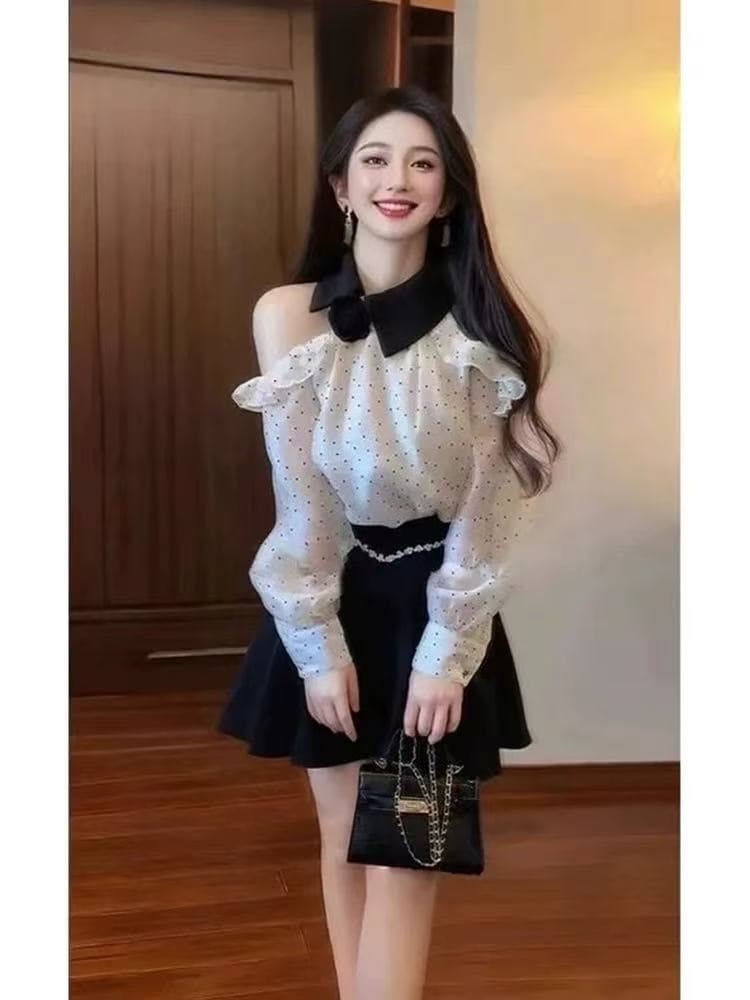 고유 한 아름다운 봄 가을 새로운 도트 무늬 꽃 오프숄더 셔츠 여성 의류 고급 센스 프릴 쉬폰 긴팔 맨위 이미지 2