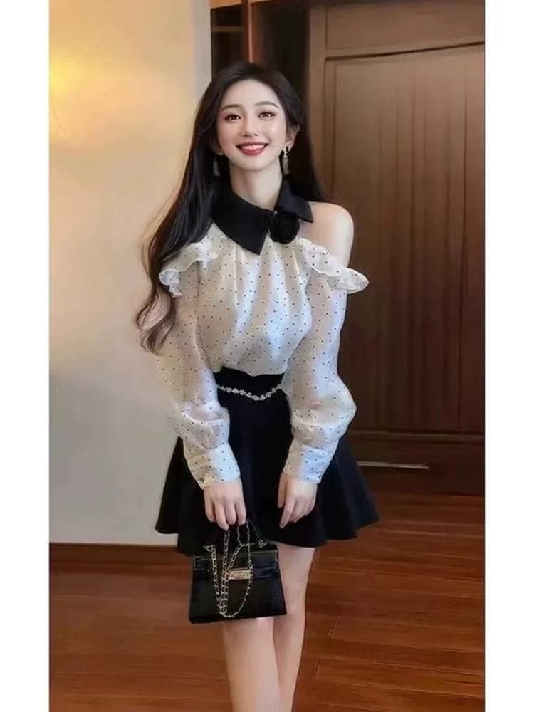 고유 한 아름다운 봄 가을 새로운 도트 무늬 꽃 오프숄더 셔츠 여성 의류 고급 센스 프릴 쉬폰 긴팔 맨위 이미지 3