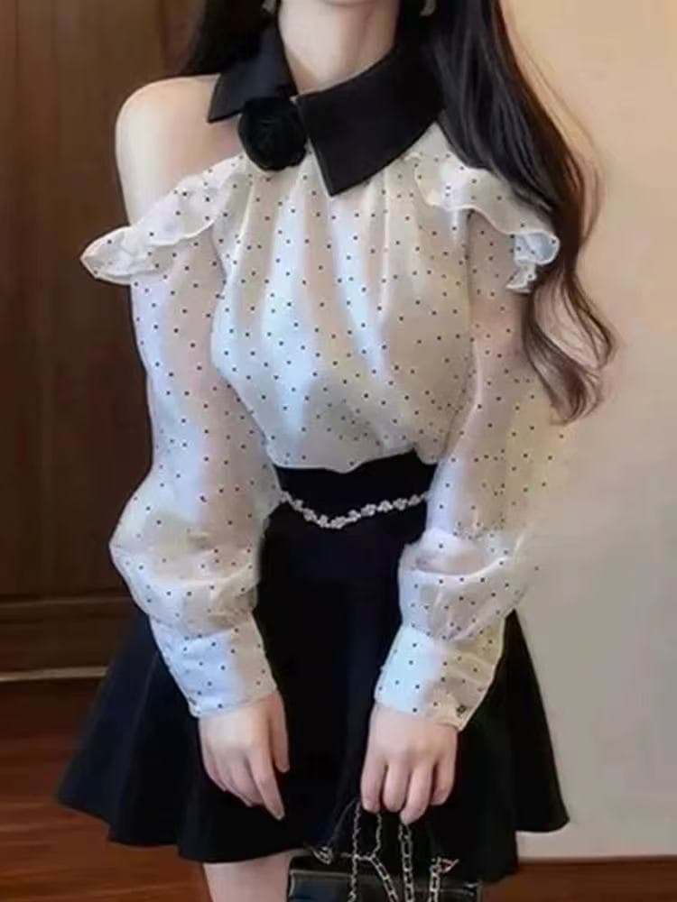 고유 한 아름다운 봄 가을 새로운 도트 무늬 꽃 오프숄더 셔츠 여성 의류 고급 센스 프릴 쉬폰 긴팔 맨위 이미지 4