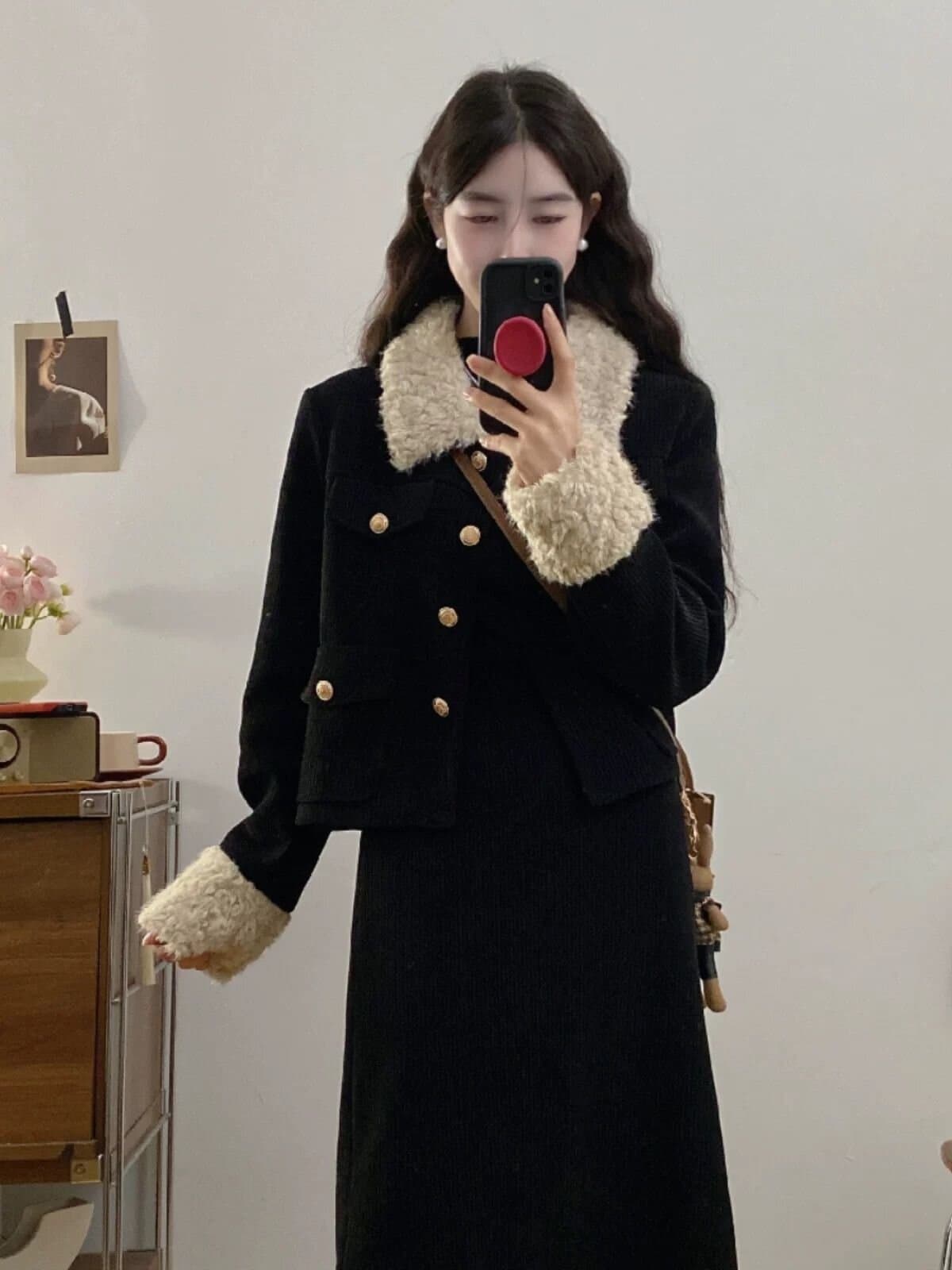 그는 벤 바람 배색 POLO 칼라 모피 세트 빅 사이즈 지방 mm 고급 센스 작은 샤넬 스타일 반신 스커트 털이 있는 짧은 외투 이미지 4